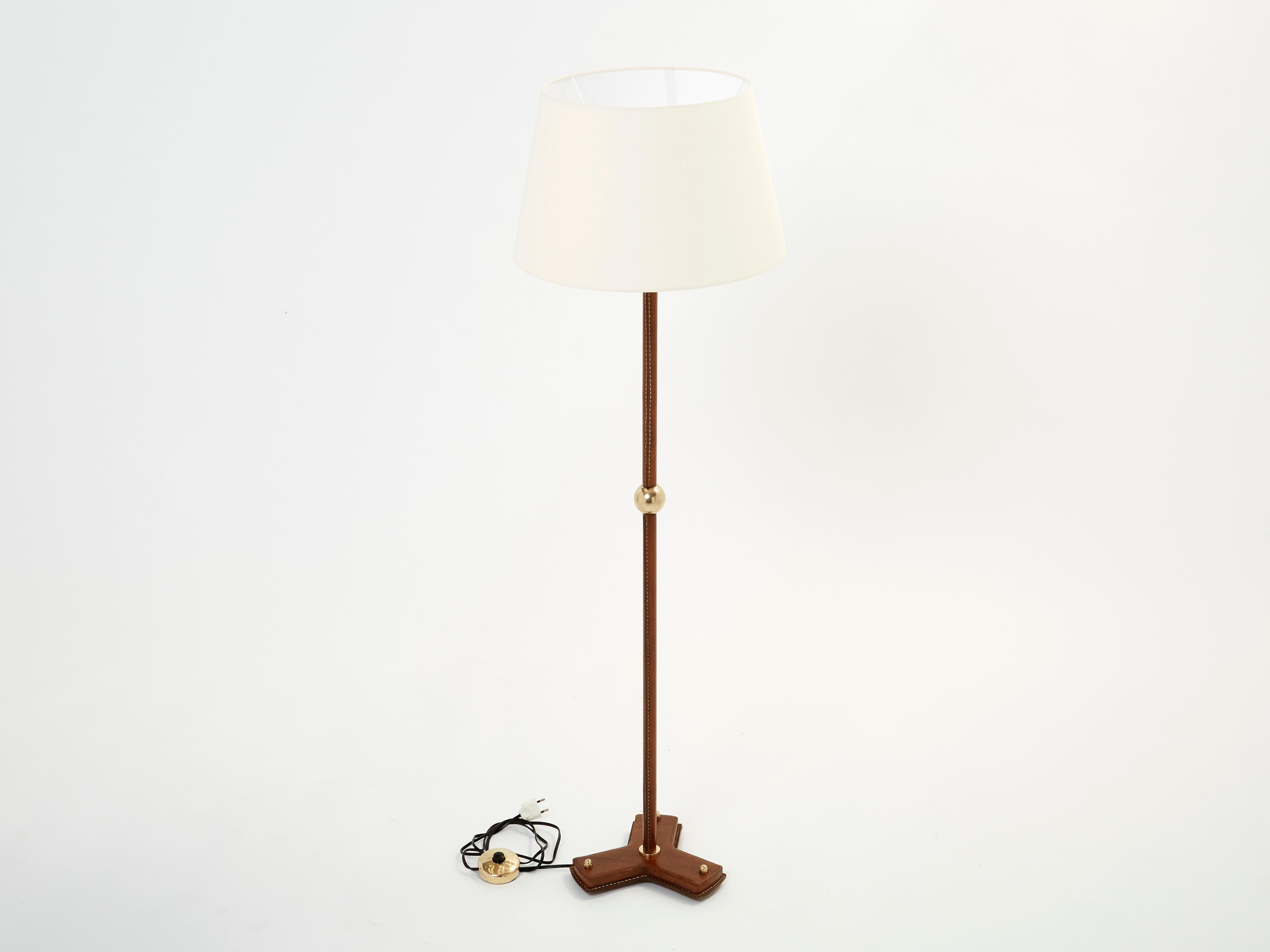 Jacques Adnet Modernist Stitched Brown Leather Floor Lamp 1950s In Good Condition For Sale In Paris, IDF