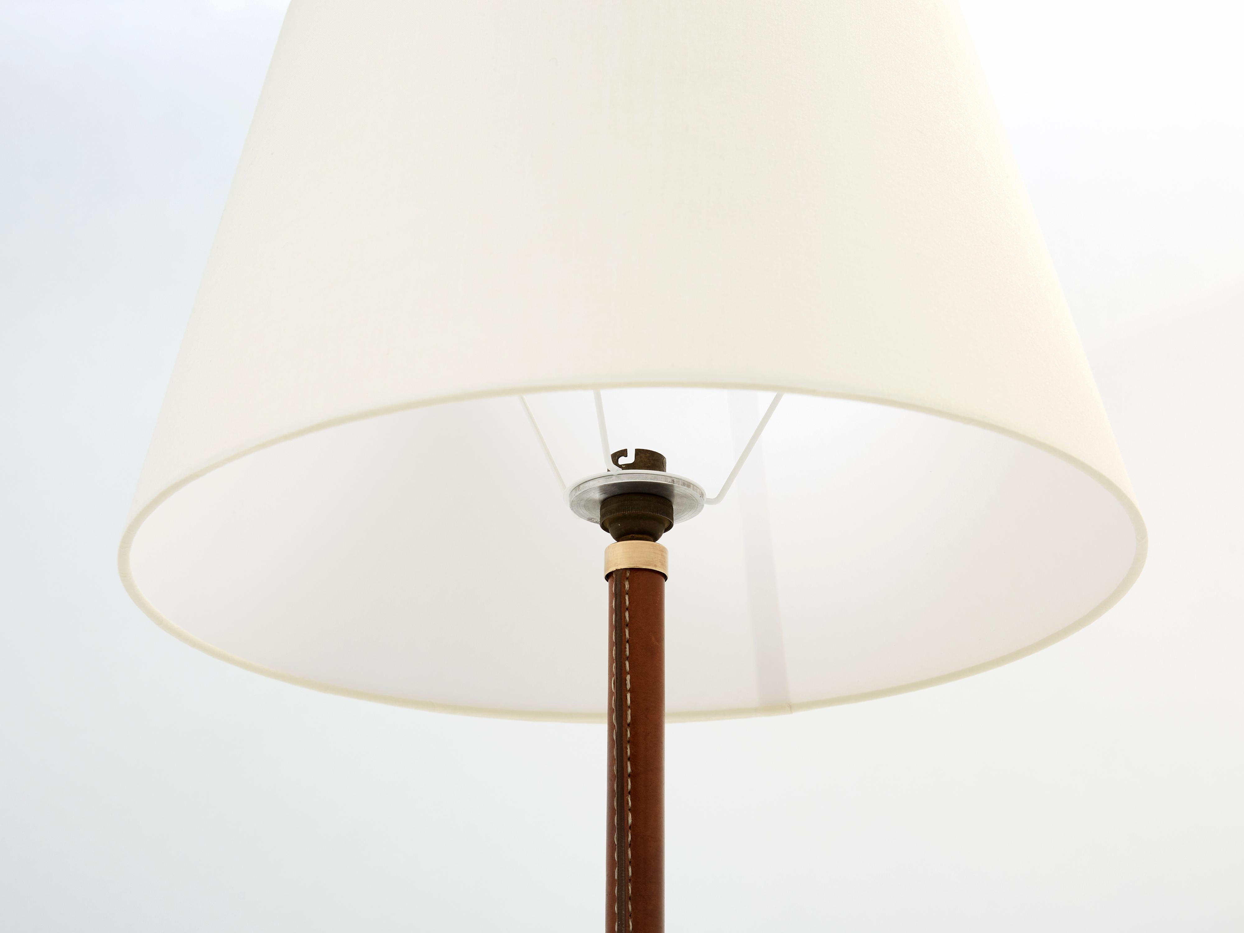 Mid-20th Century Jacques Adnet Modernist Stitched Brown Leather Floor Lamp 1950s