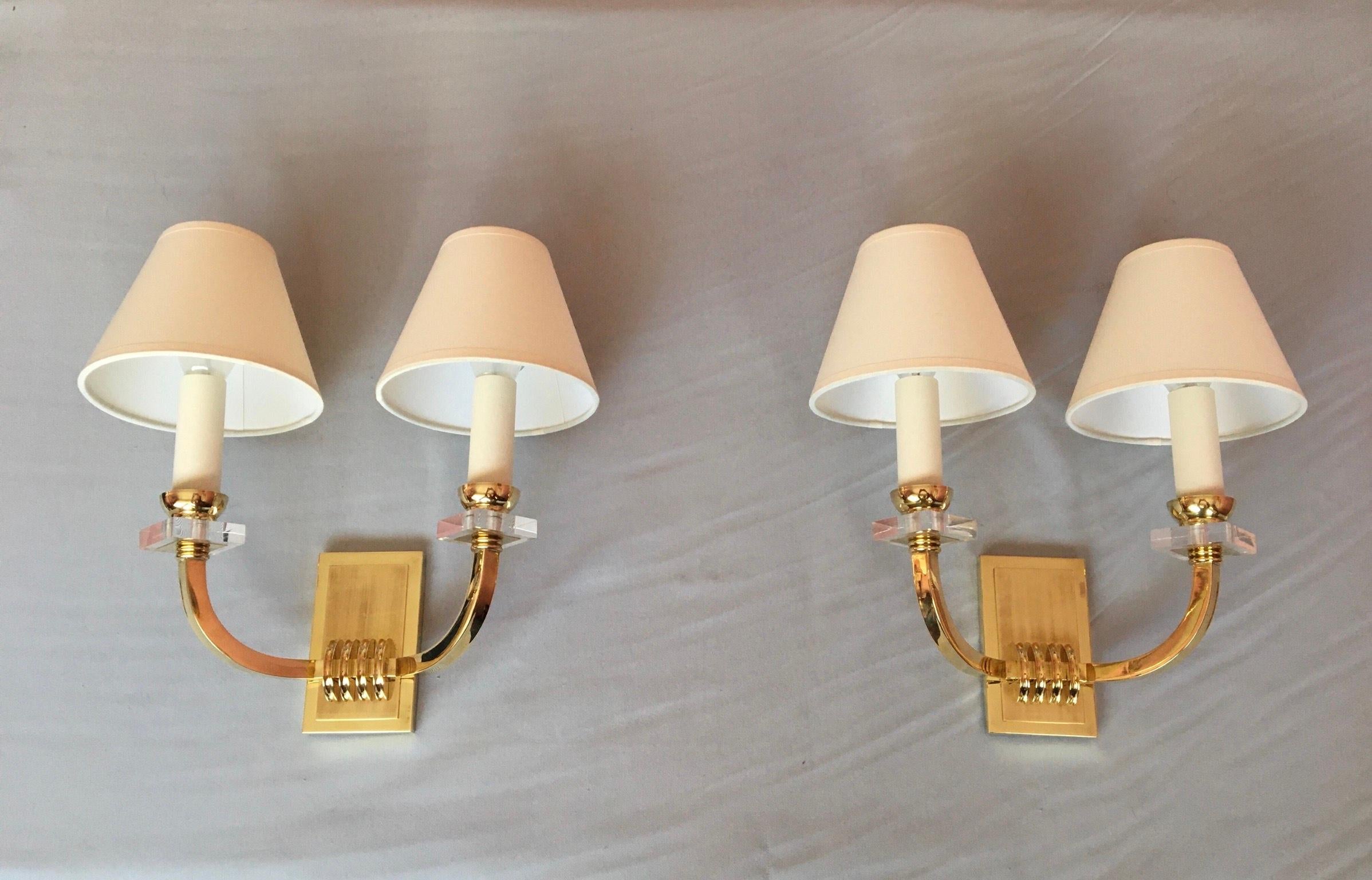Gilt Jacques Adnet Neoclassical Pair of Bronze Sconces, France, 1950 For Sale