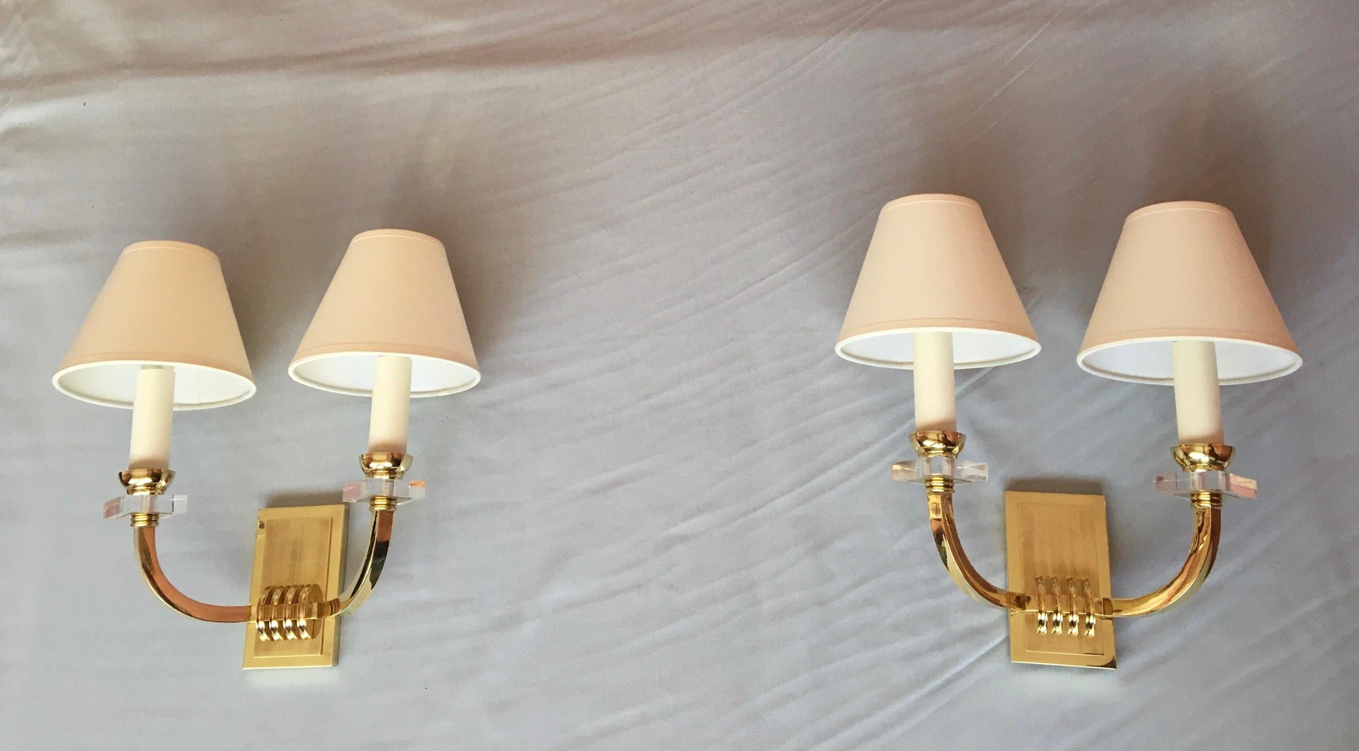 Brass Jacques Adnet Neoclassical Pair of Bronze Sconces, France, 1950 For Sale