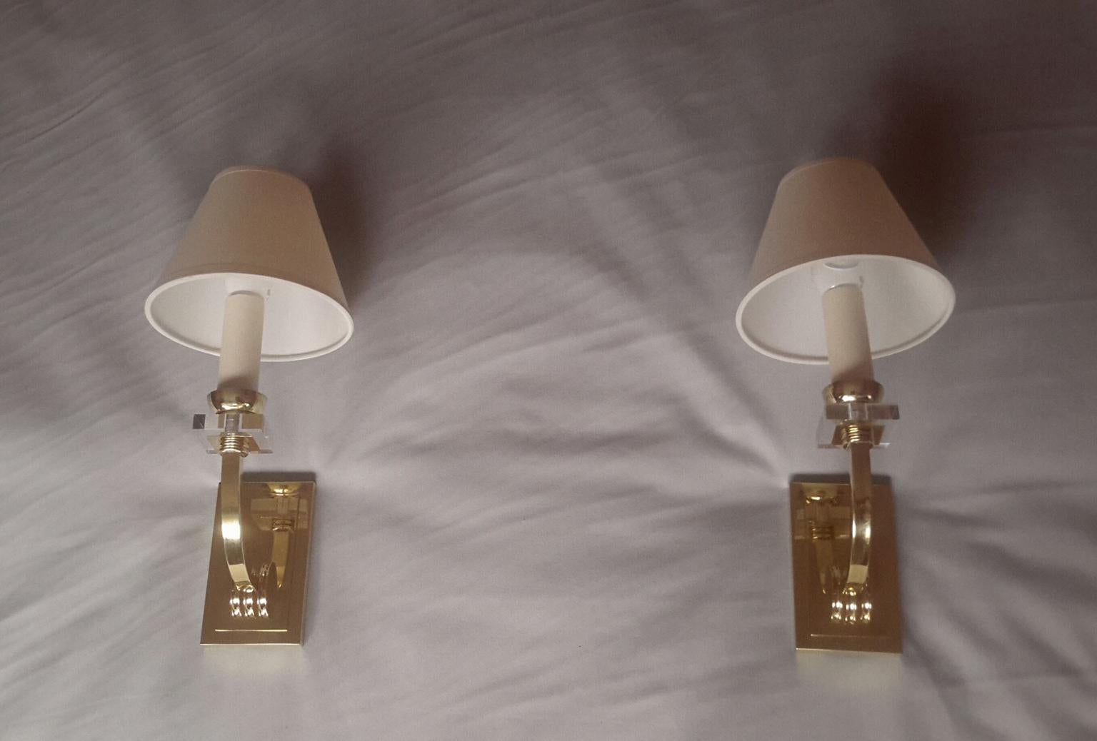 Lucite Jacques Adnet Neoclassical Pair of Gilt Bronze Wall Sconces, France, 1950s For Sale