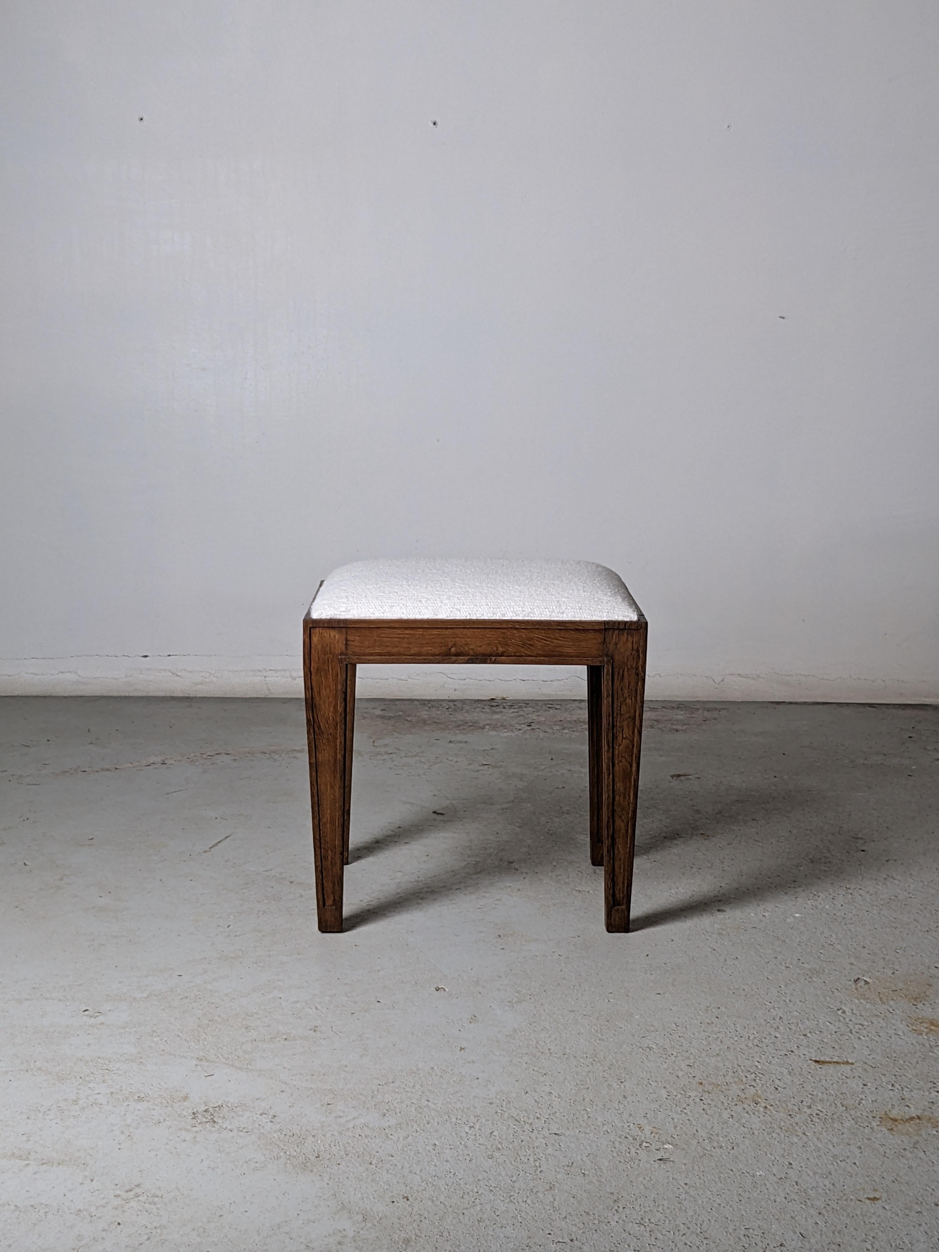 French Jacques Adnet Neoclassical Solid Oak & Upholstery Stool, France 1940s
