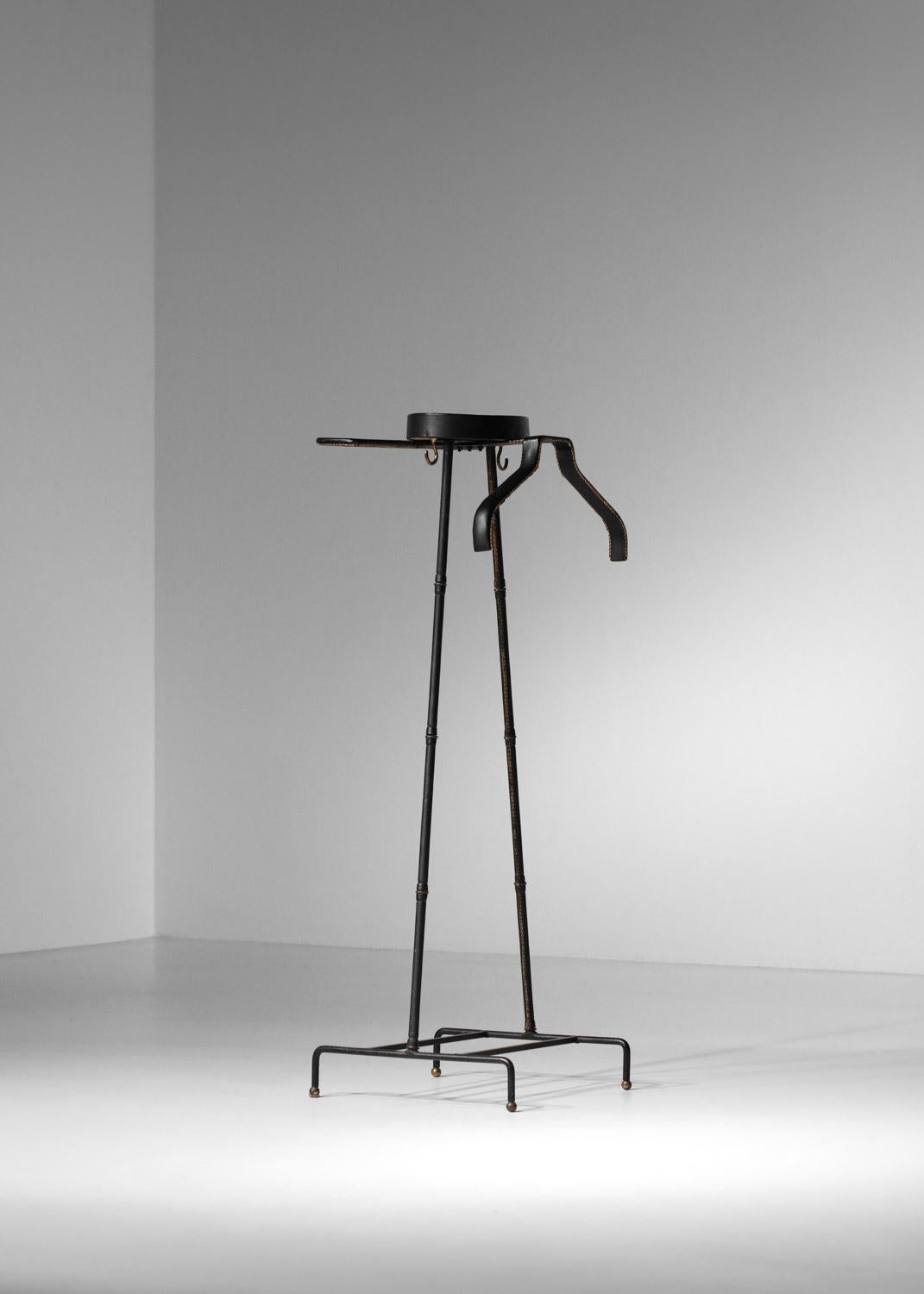 Metal Jacques Adnet night valet 50's black leather For Sale