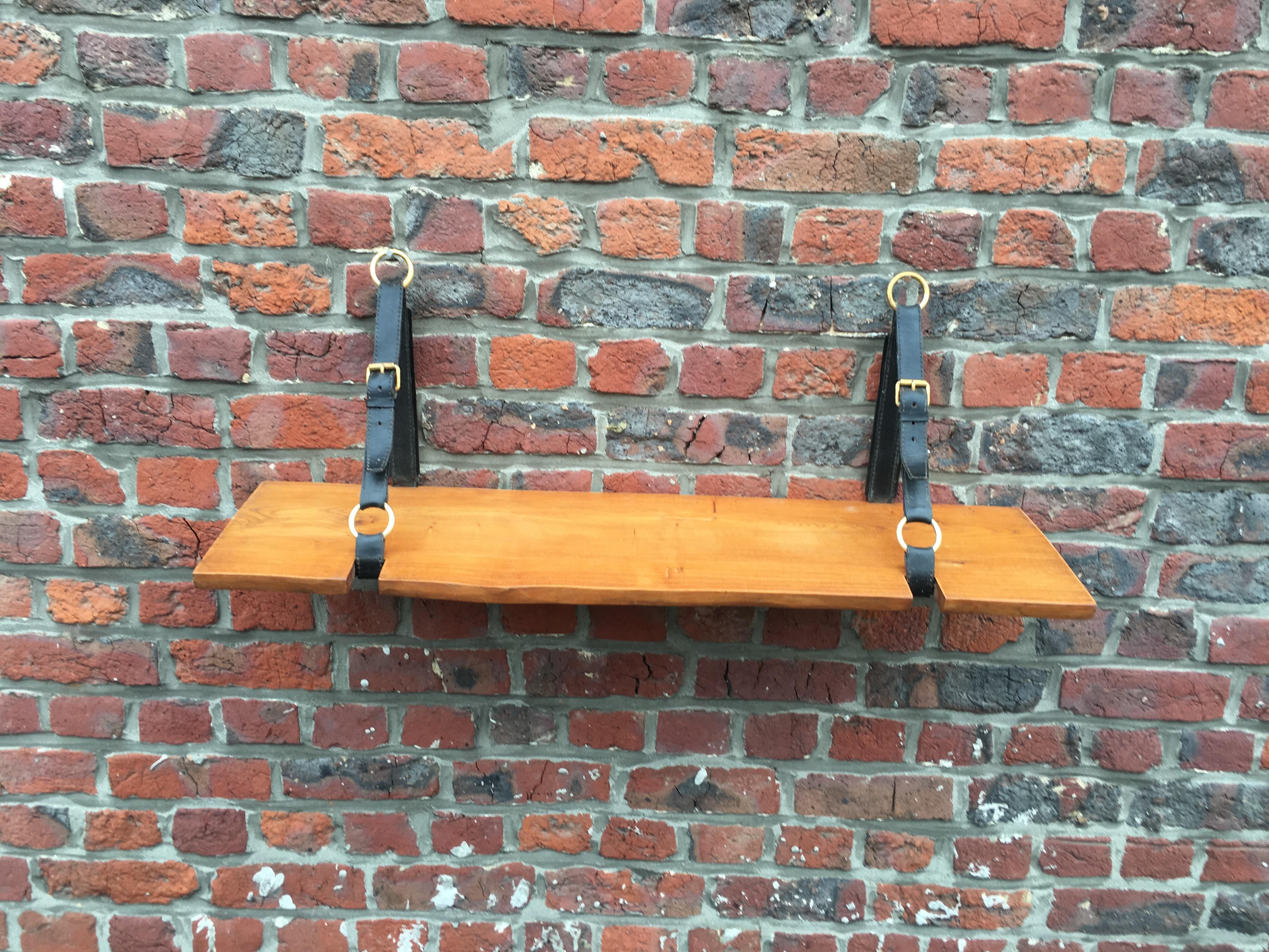 Jacques Adnet Oak and Leather Wall Shelf, circa 1950 For Sale 5