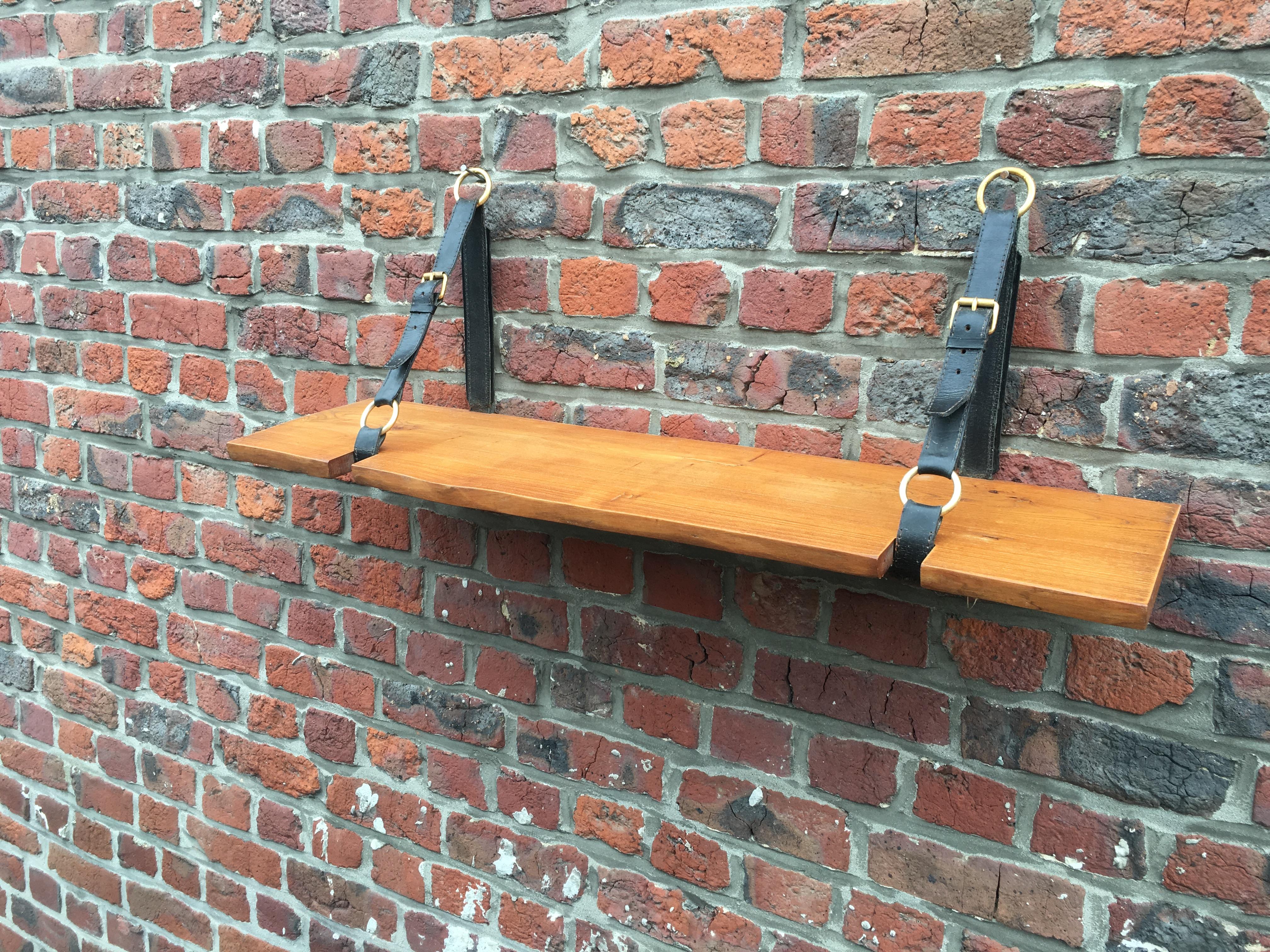 French Jacques Adnet Oak and Leather Wall Shelf, circa 1950 For Sale