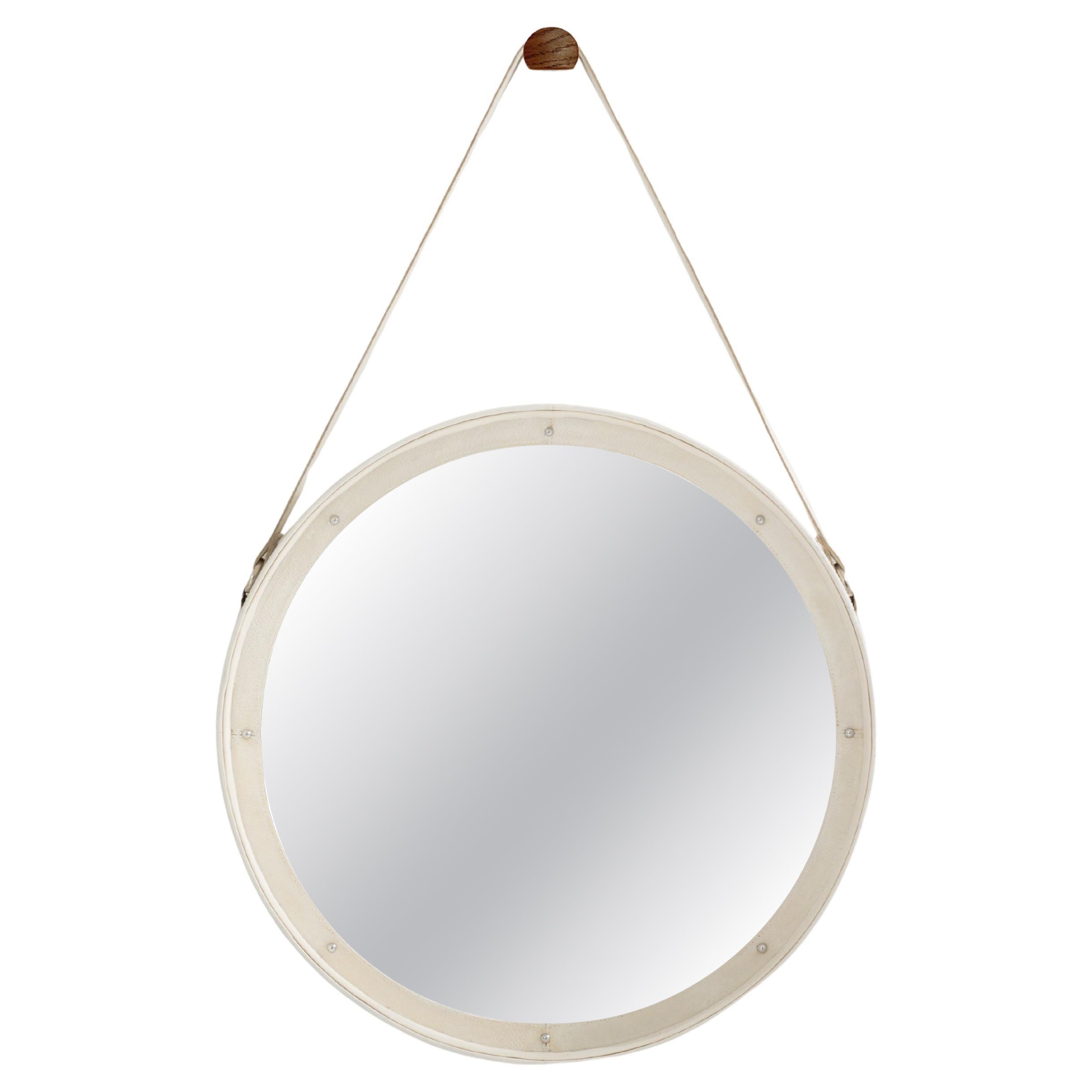 Jacques Adnet original cream leather round mirror 1940 en venta