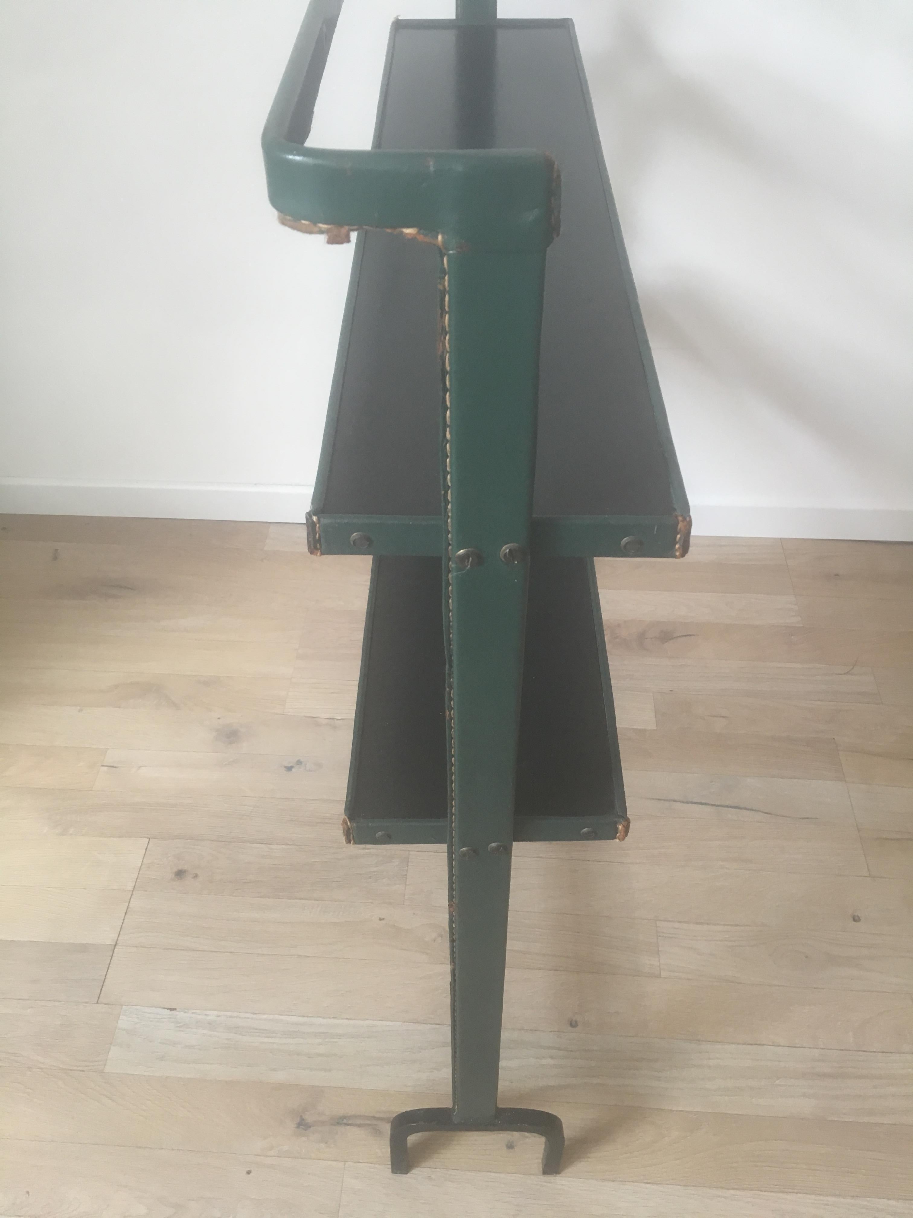 Jacques Adnet Original Green Stitched Leather Bookcase, 2 Shelves, French, 1950s For Sale 4