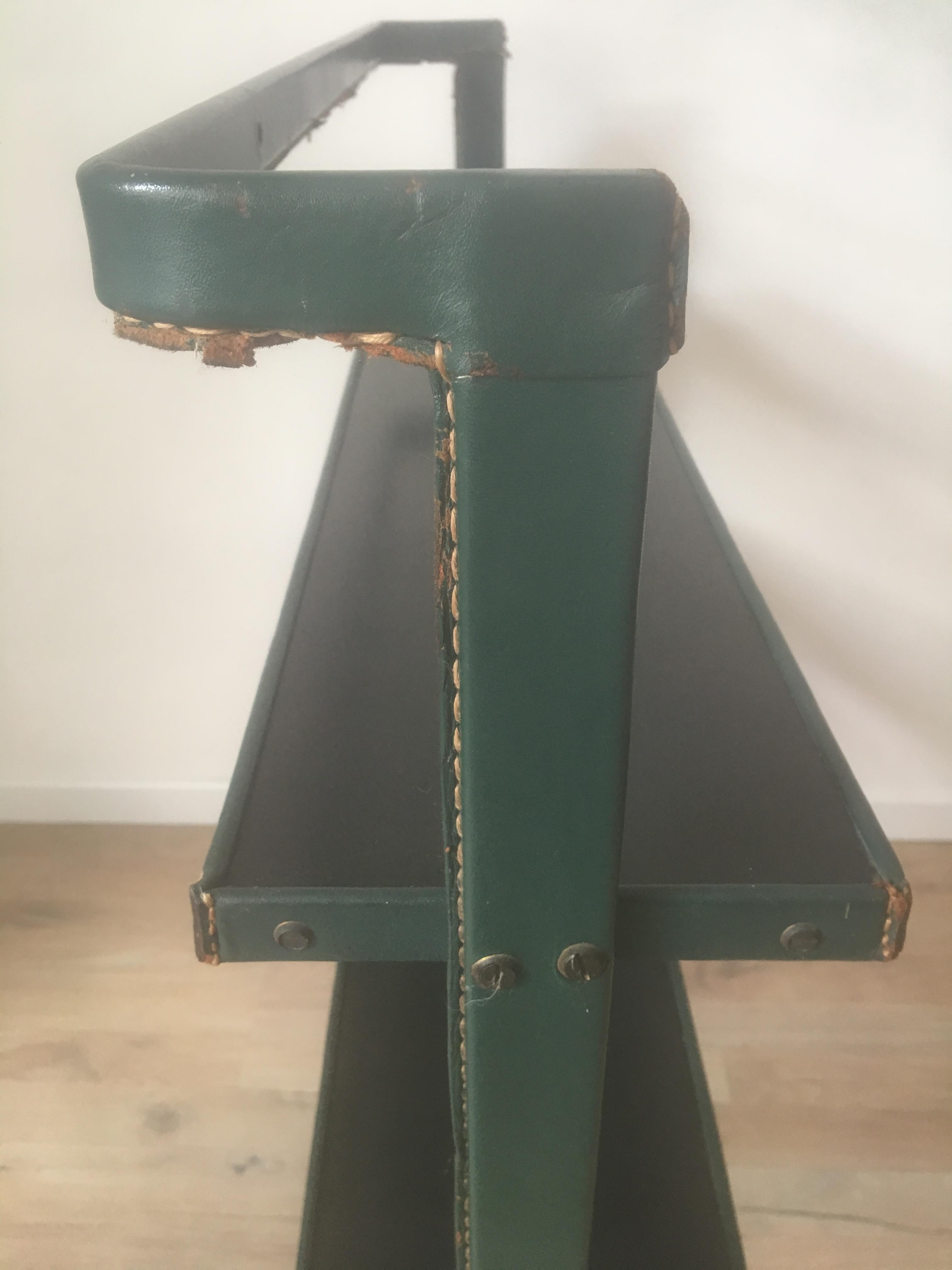 Jacques Adnet Original Green Stitched Leather Bookcase, 2 Shelves, French, 1950s For Sale 5