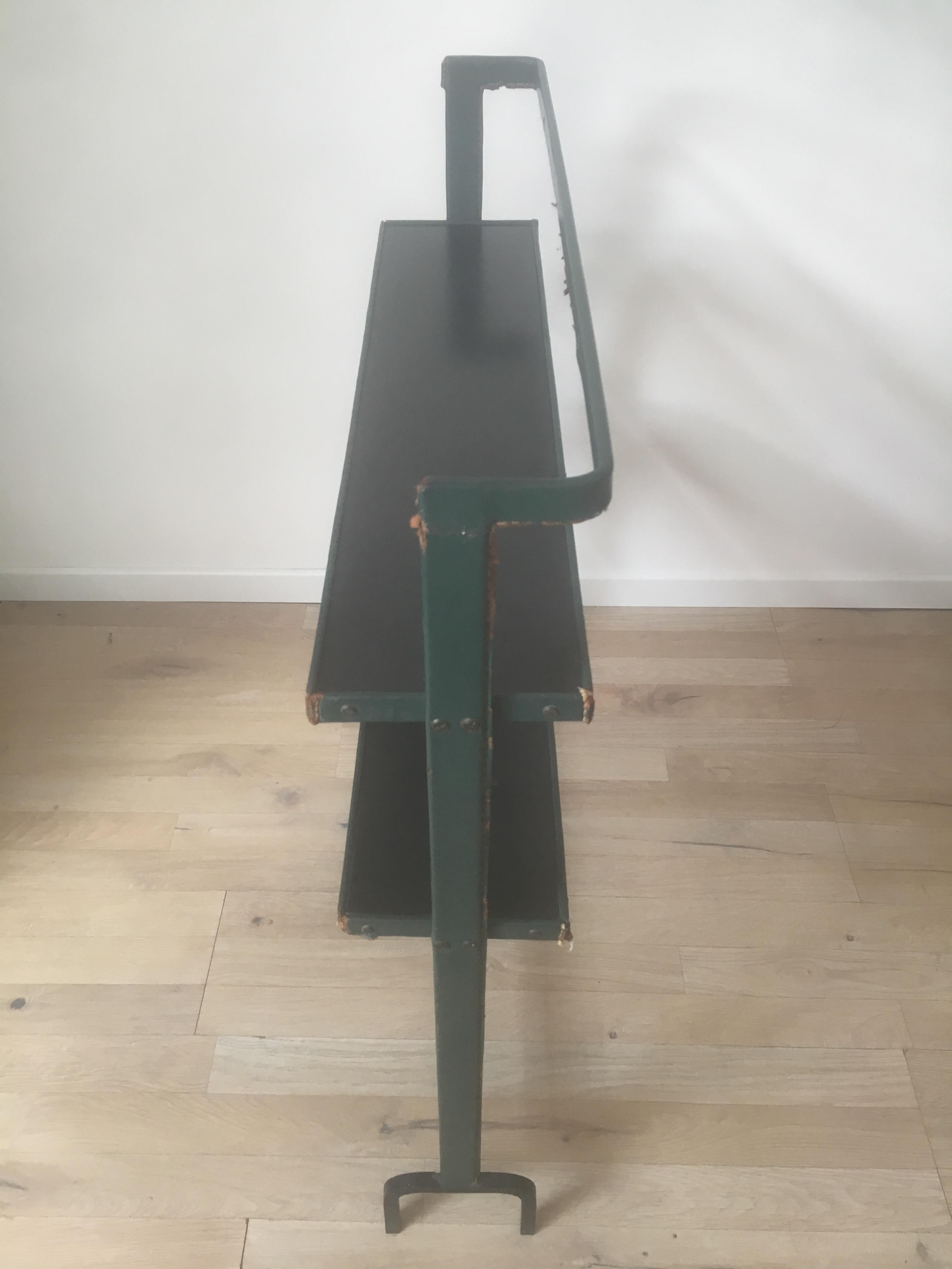 Jacques Adnet Original Green Stitched Leather Bookcase, 2 Shelves, French, 1950s For Sale 2