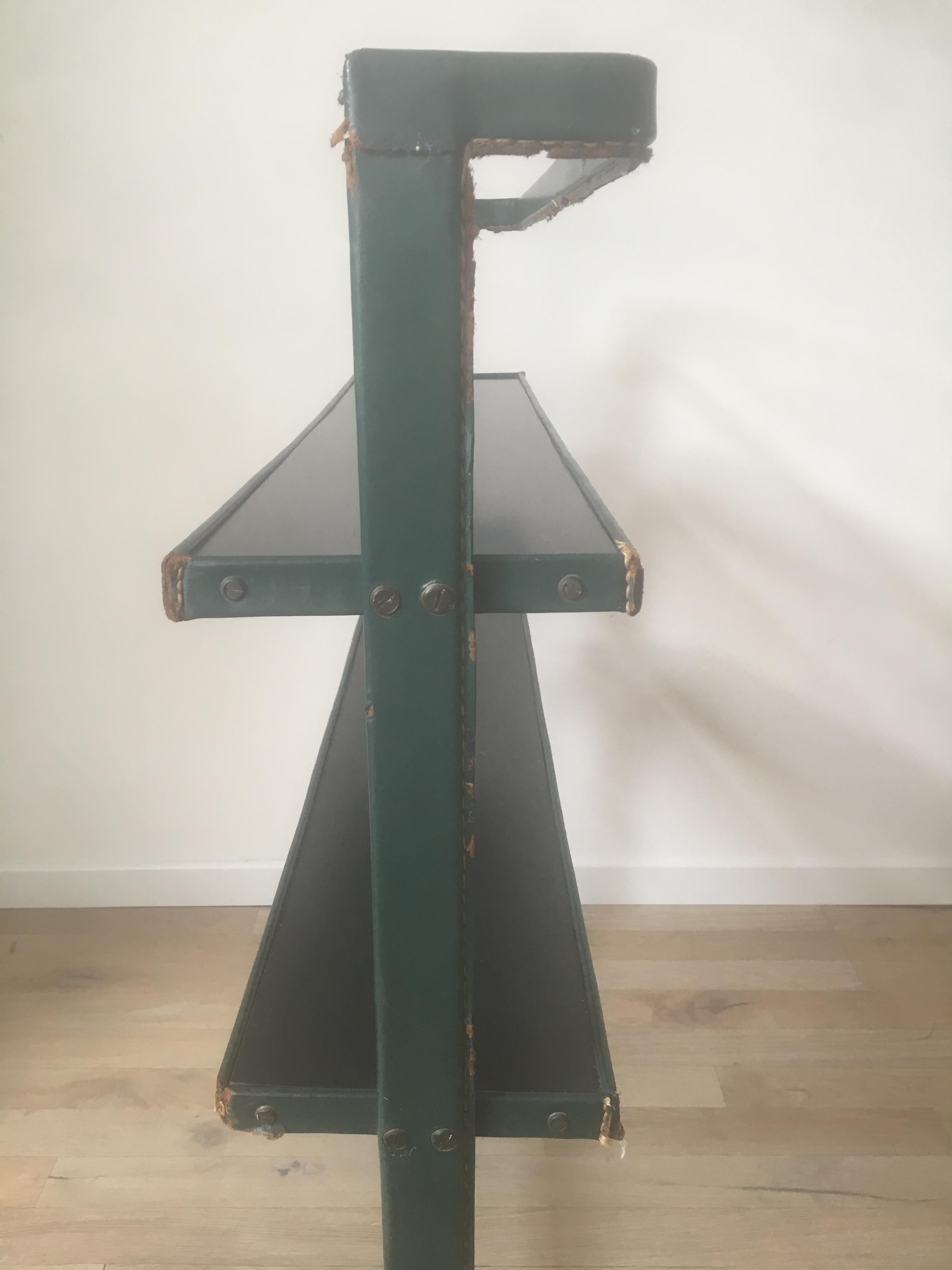 Jacques Adnet Original Green Stitched Leather Bookcase, 2 Shelves, French, 1950s For Sale 3