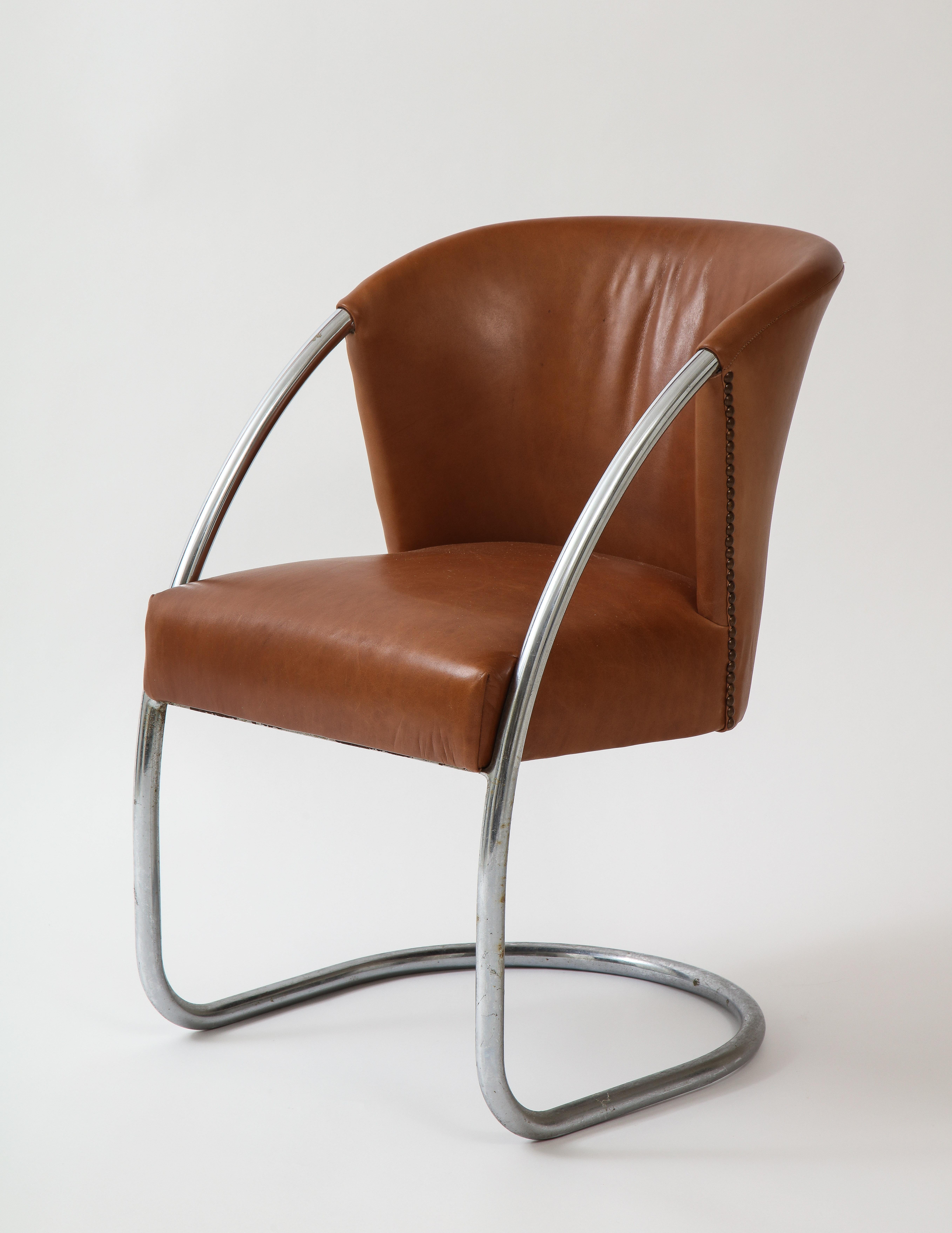 Jacques Adnet Pair of Brown Leather Chrome Chairs, France, 1932 In Good Condition In New York, NY