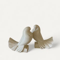 Pair of Ceramic Doves by Jacques Adnet, Art Deco, Ivory Glaze, 1930