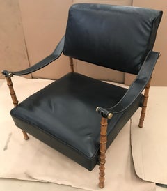 Jacques Adnet Pair of Black Leather and Bamboo Wooden Legs Armchairs French 1950