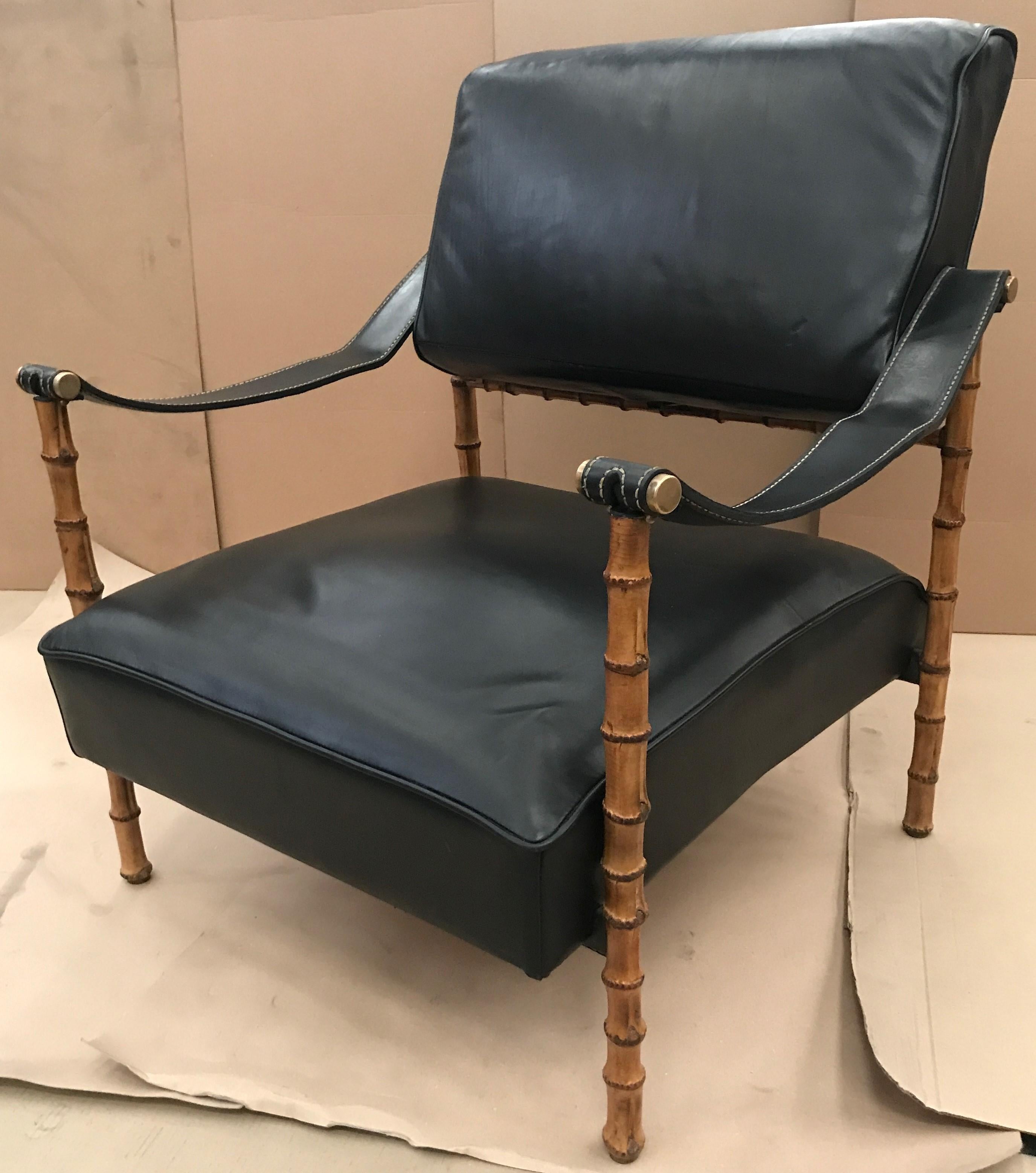 Jacques Adnet Pair of Black Leather and Bamboo Wooden Legs Armchairs French 1950 In Good Condition For Sale In Aix En Provence, FR
