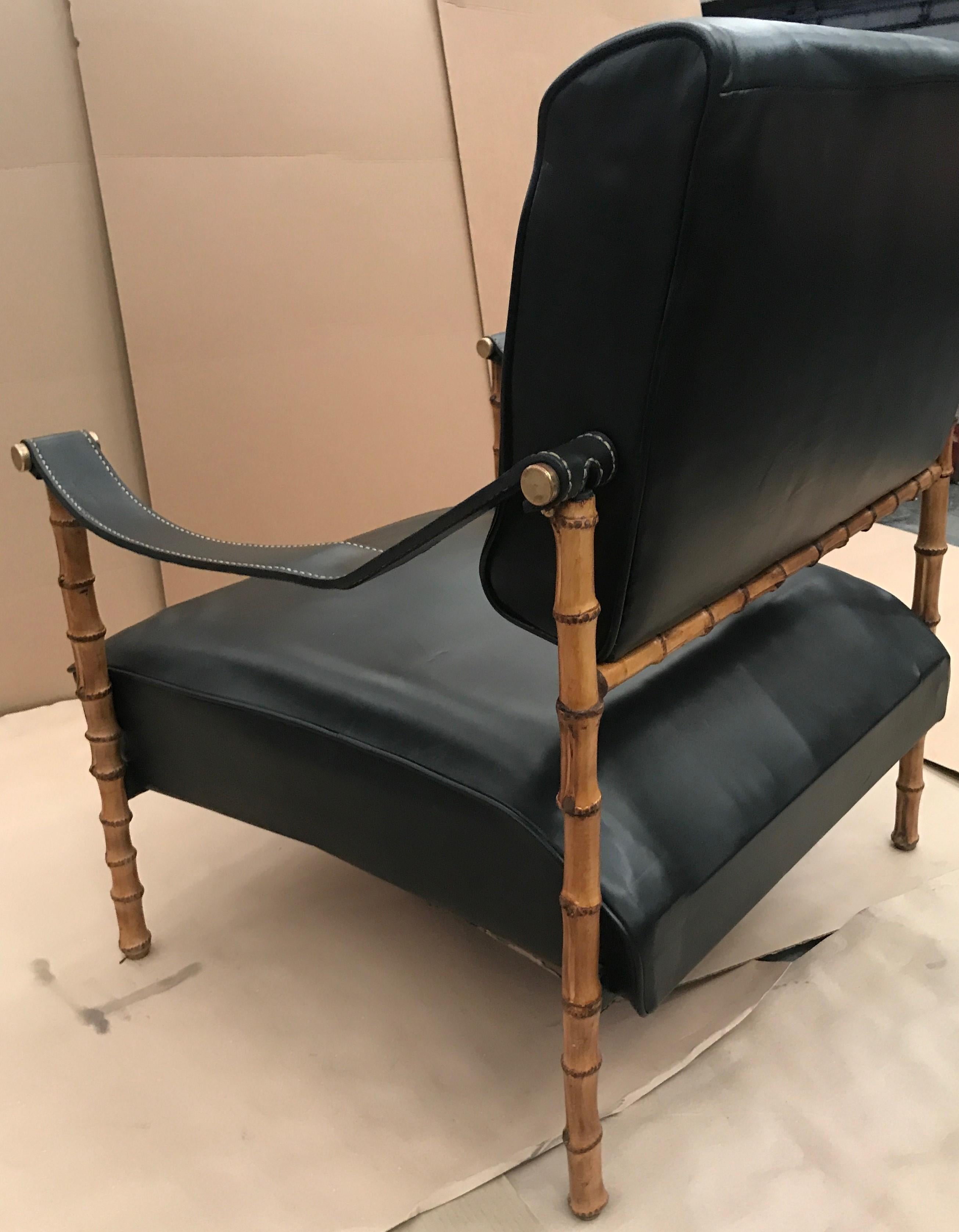 Jacques Adnet Pair of Black Leather and Bamboo Wooden Legs Armchairs French 1950 For Sale 1