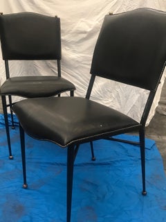 Jacques Adnet Pair of Black Stitched Leather and Metal Chairs, French, 1950
