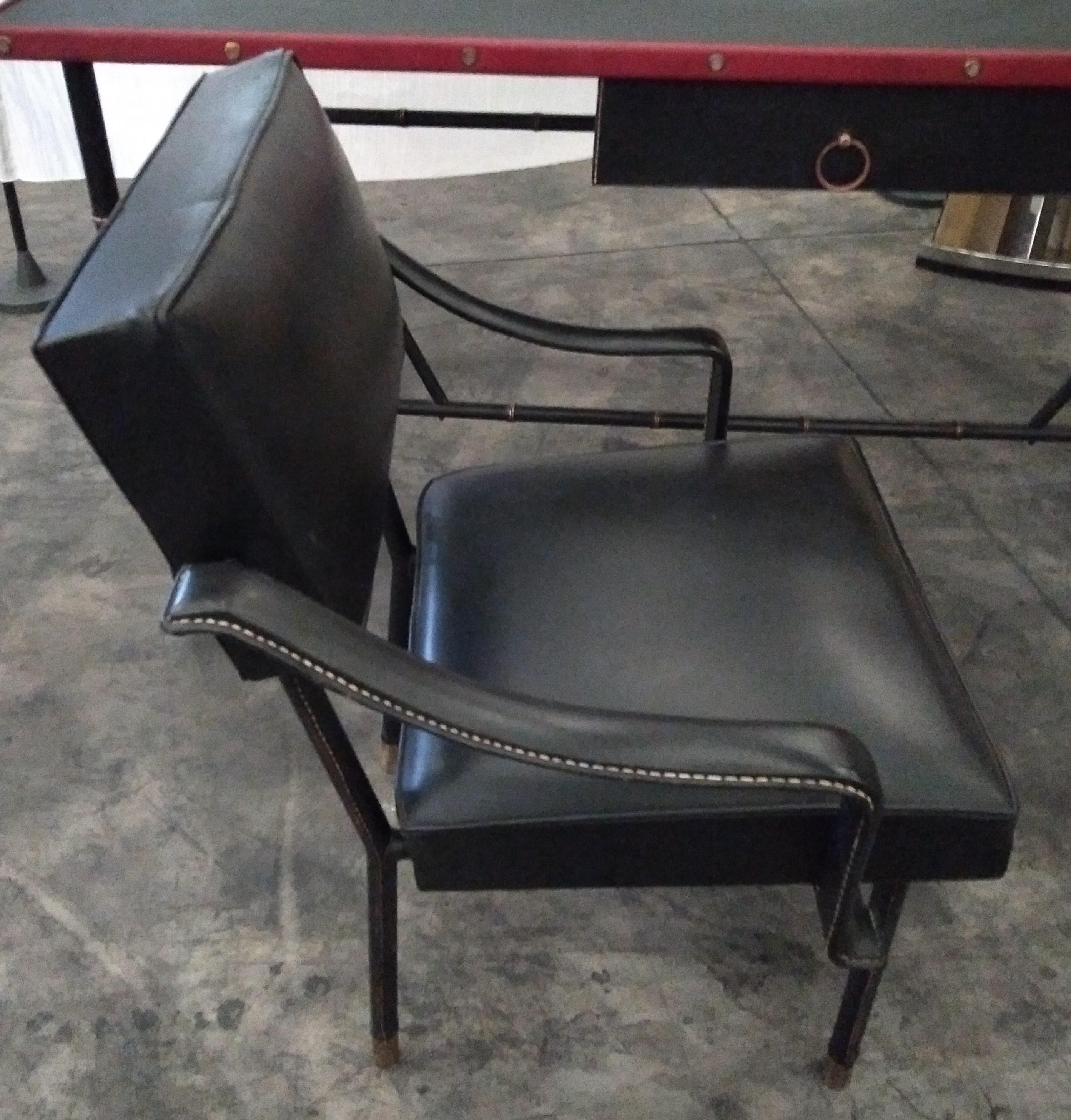 Mid-Century Modern Jacques Adnet Pair of Black Stitched Leather Armchairs, French, 1950 For Sale