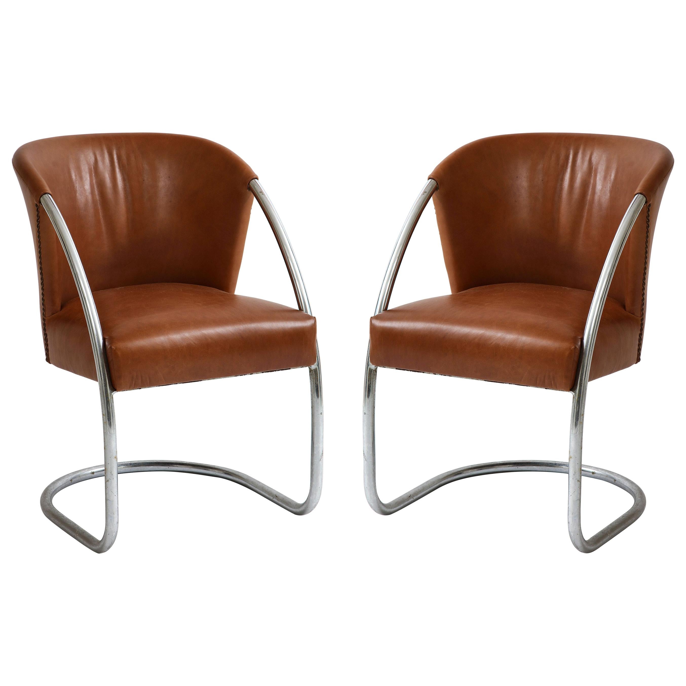 Jacques Adnet Pair of Brown Leather Chrome Chairs, France, 1932