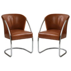 Retro Jacques Adnet Pair of Brown Leather Chrome Chairs, France, 1932