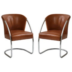 Jacques Adnet Pair of Brown Leather Chrome Chairs, France, 1932