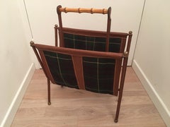 Jacques Adnet Brown Stitched Leather and Tartan Plaid Wool Magazine Rack, 1950