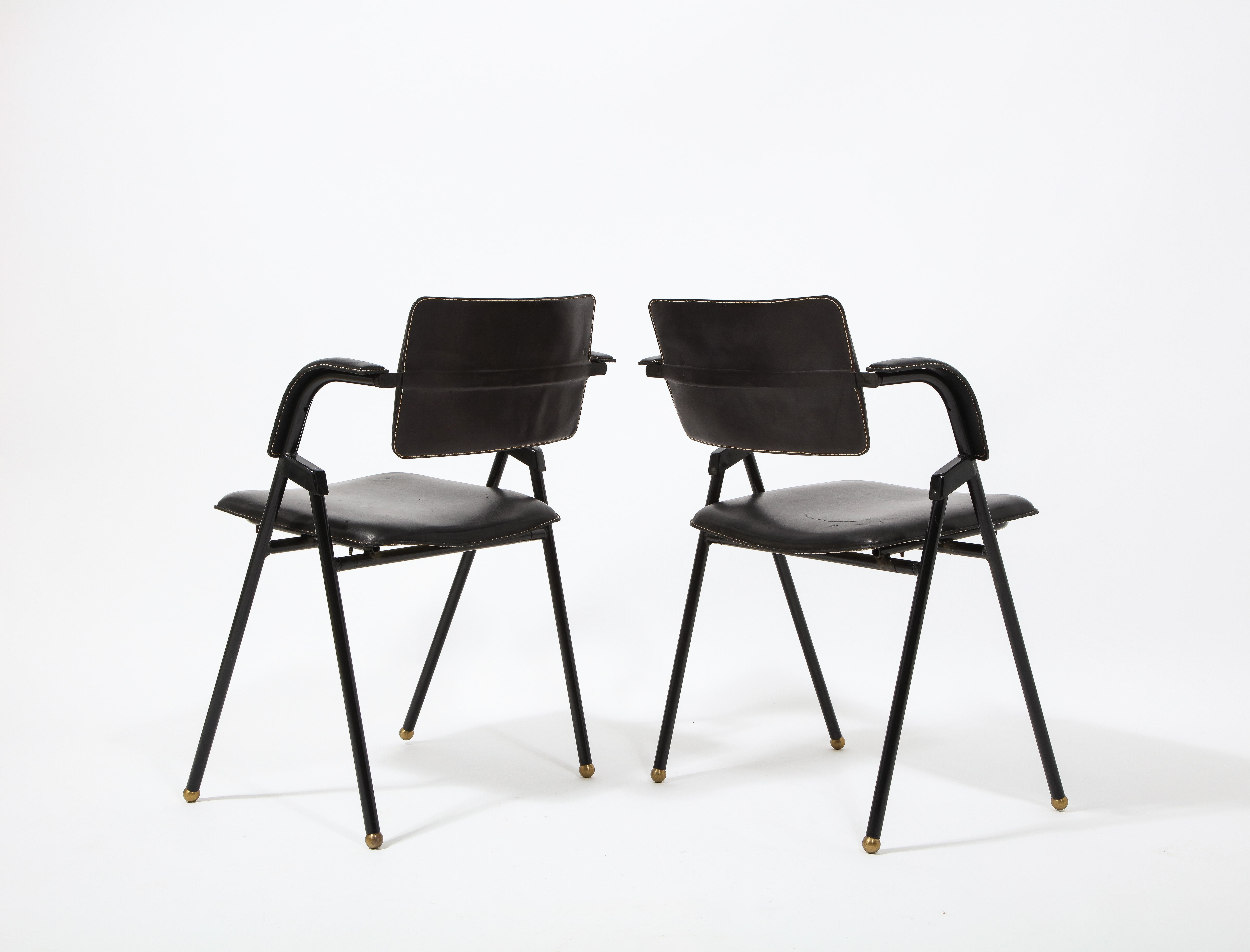 Jacques Adnet Pair of Folding Leather Chairs, France 1950's 2