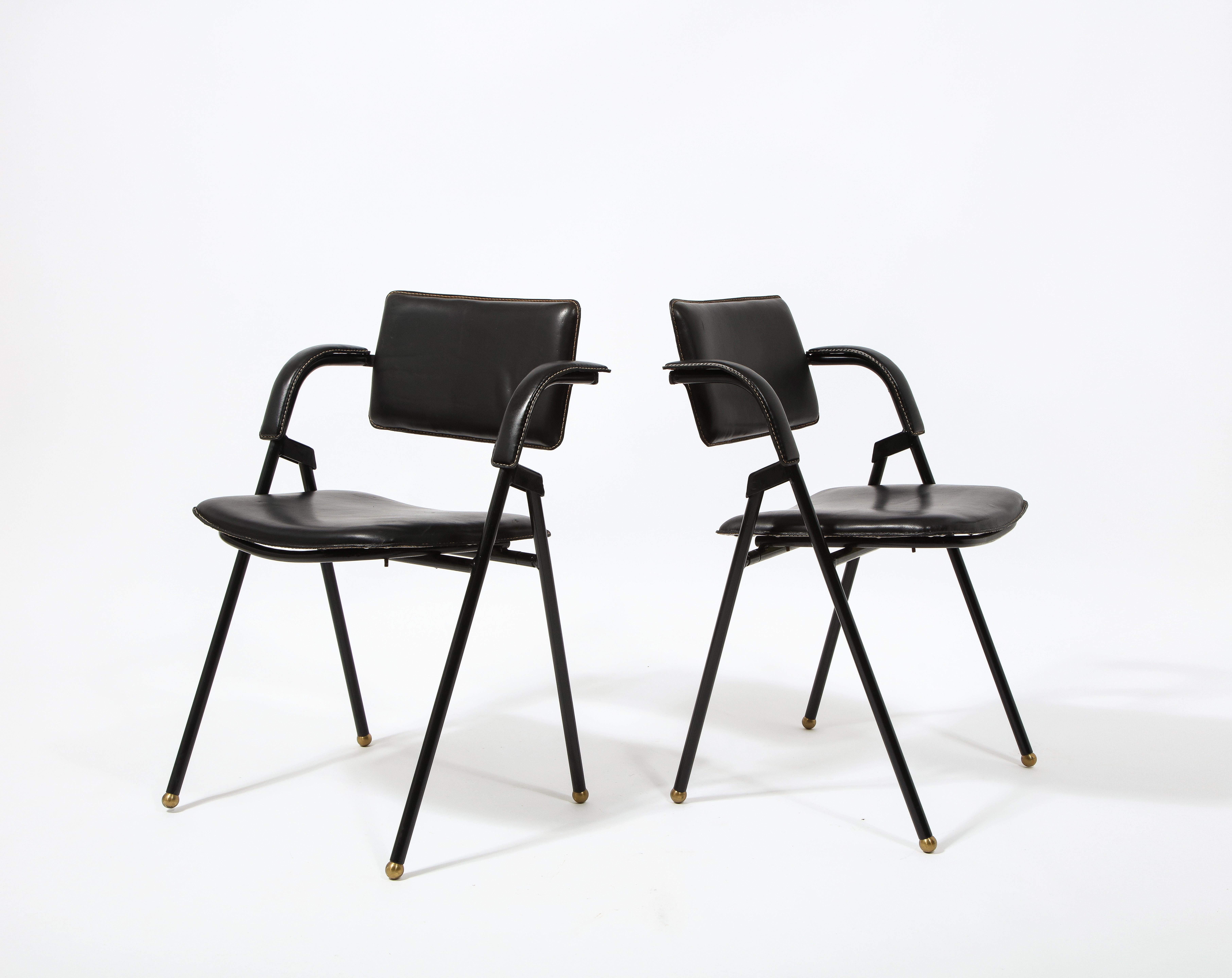 Jacques Adnet Pair of Folding Leather Chairs, France 1950's 9