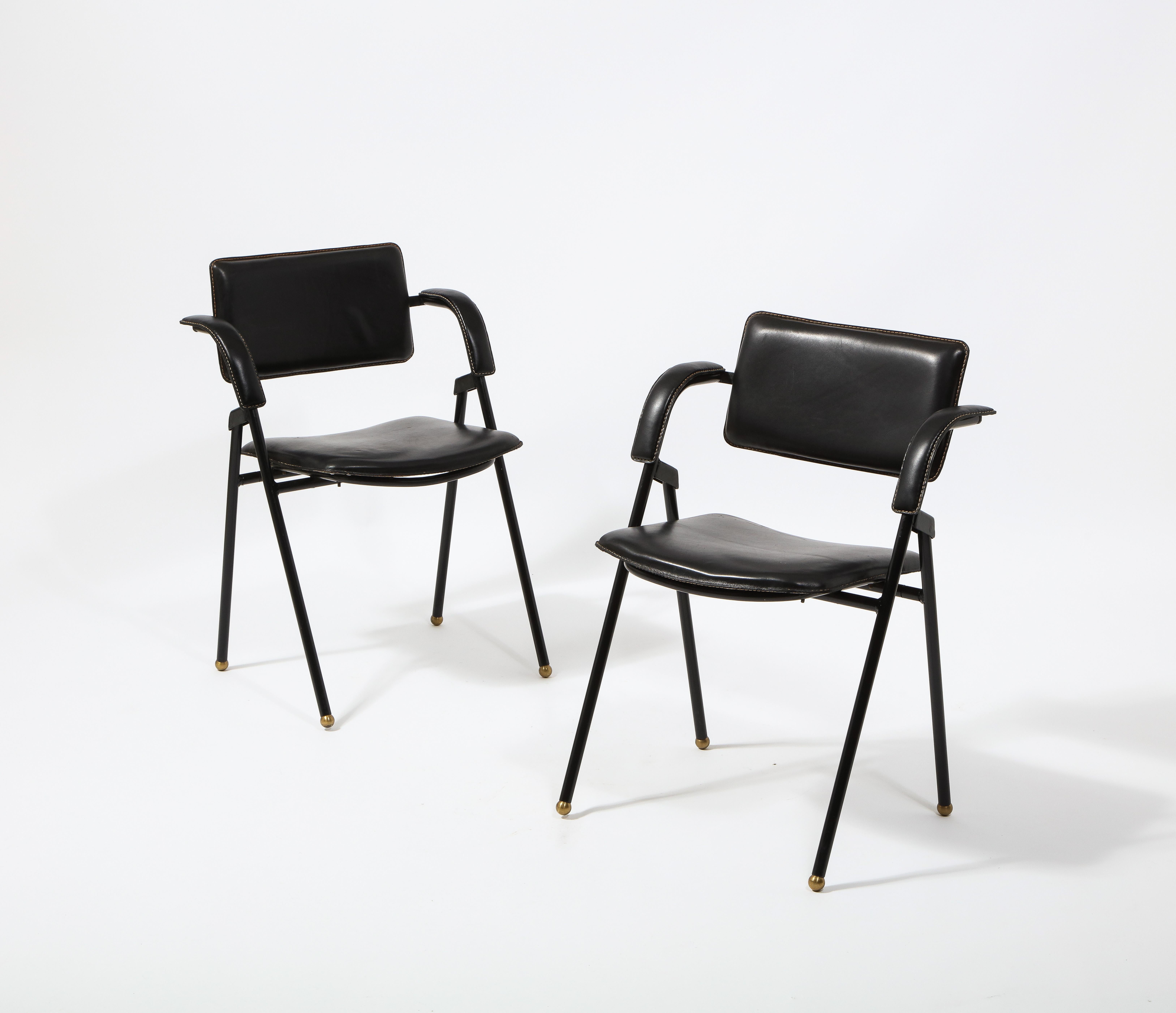 French Jacques Adnet Pair of Folding Leather Chairs, France 1950's