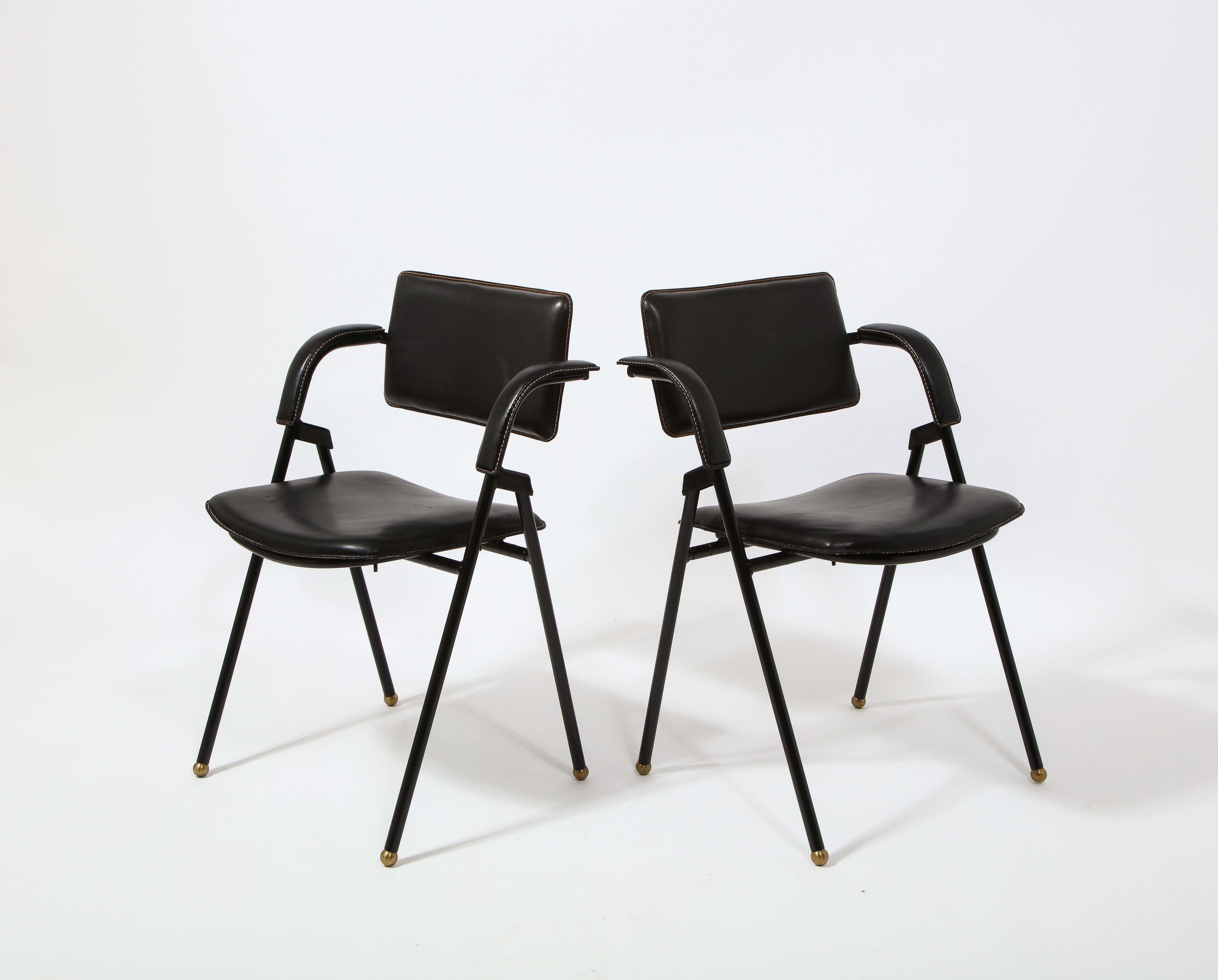 20th Century Jacques Adnet Pair of Folding Leather Chairs, France 1950's