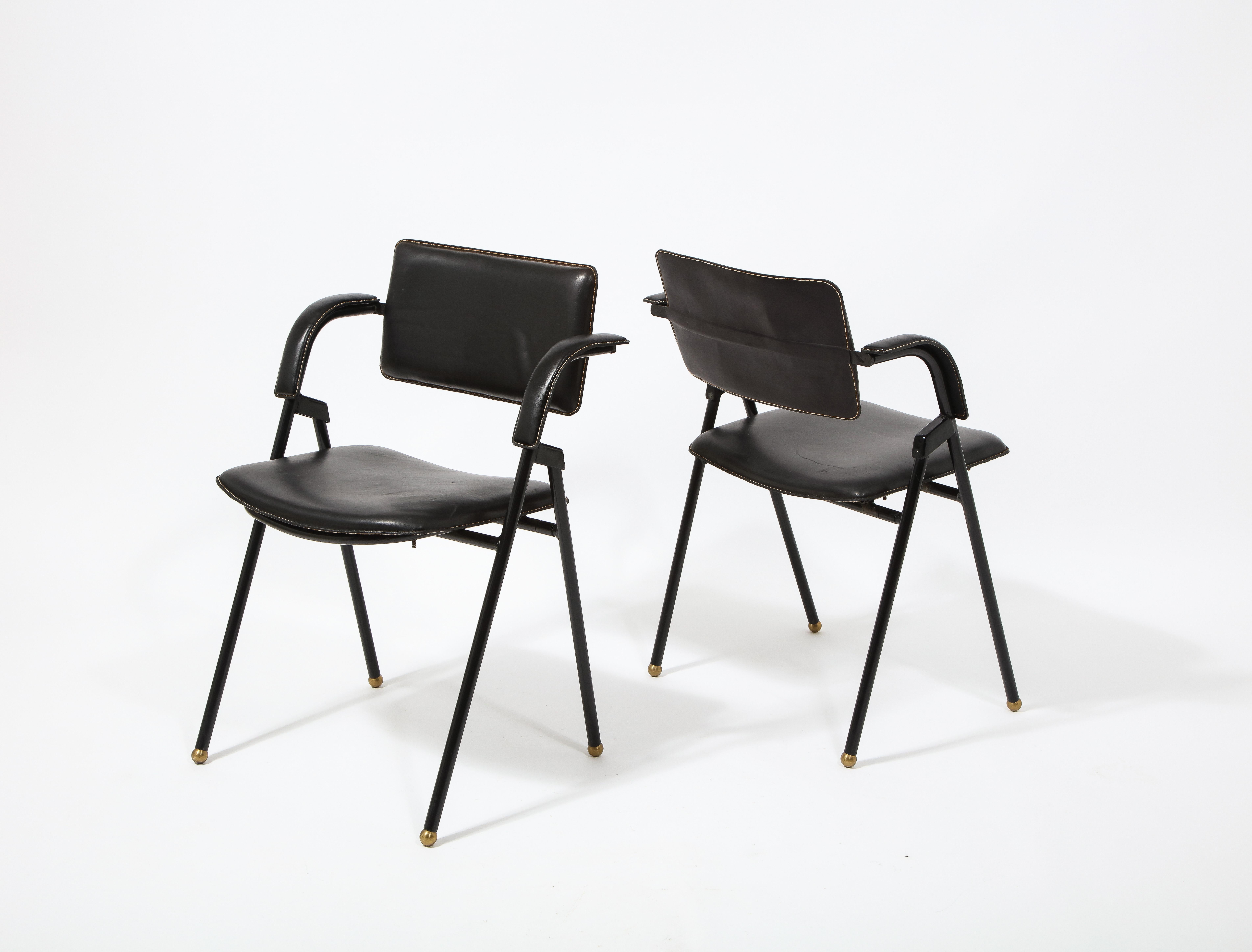 Brass Jacques Adnet Pair of Folding Leather Chairs, France 1950's