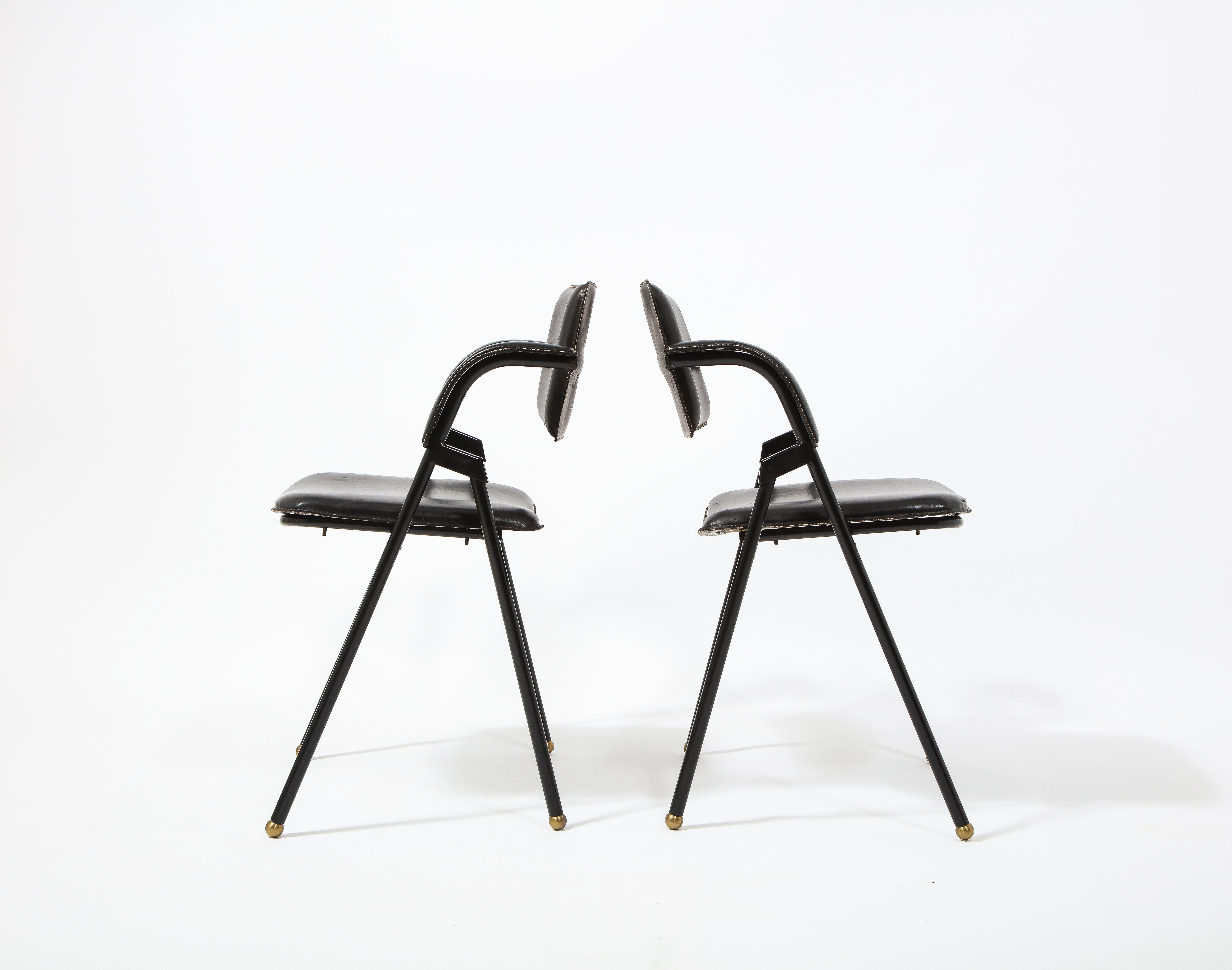 Jacques Adnet Pair of Folding Leather Chairs, France 1950's 1