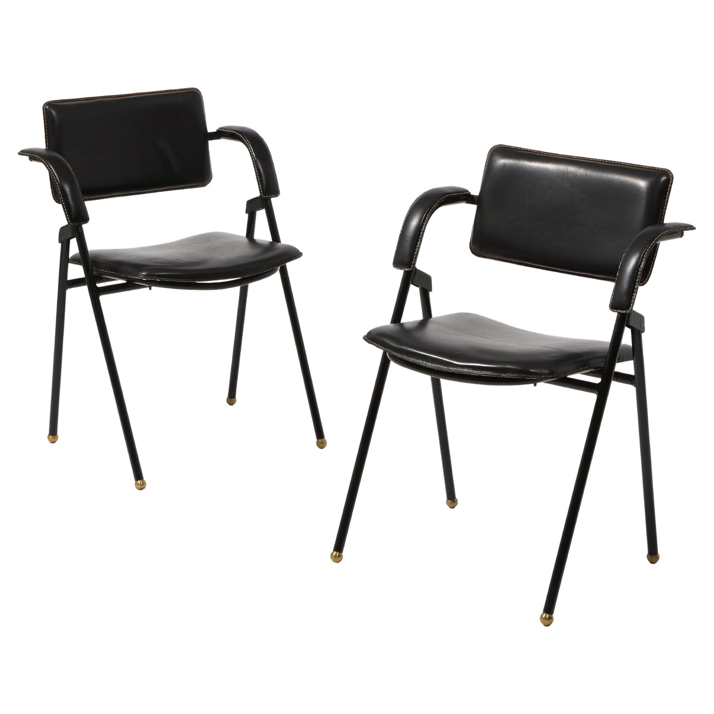 Jacques Adnet Pair of Folding Leather Chairs, France 1950's