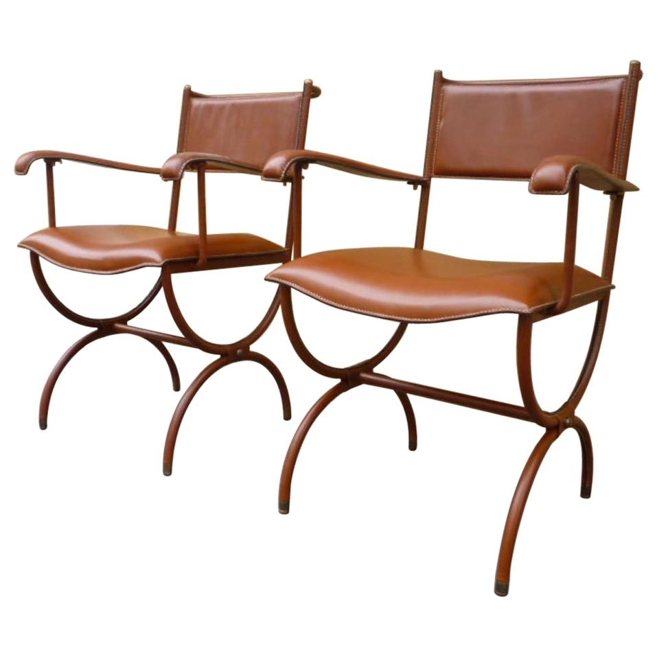 Jacques Pair of Rare Lounge Chairs in HandStitched Leather For