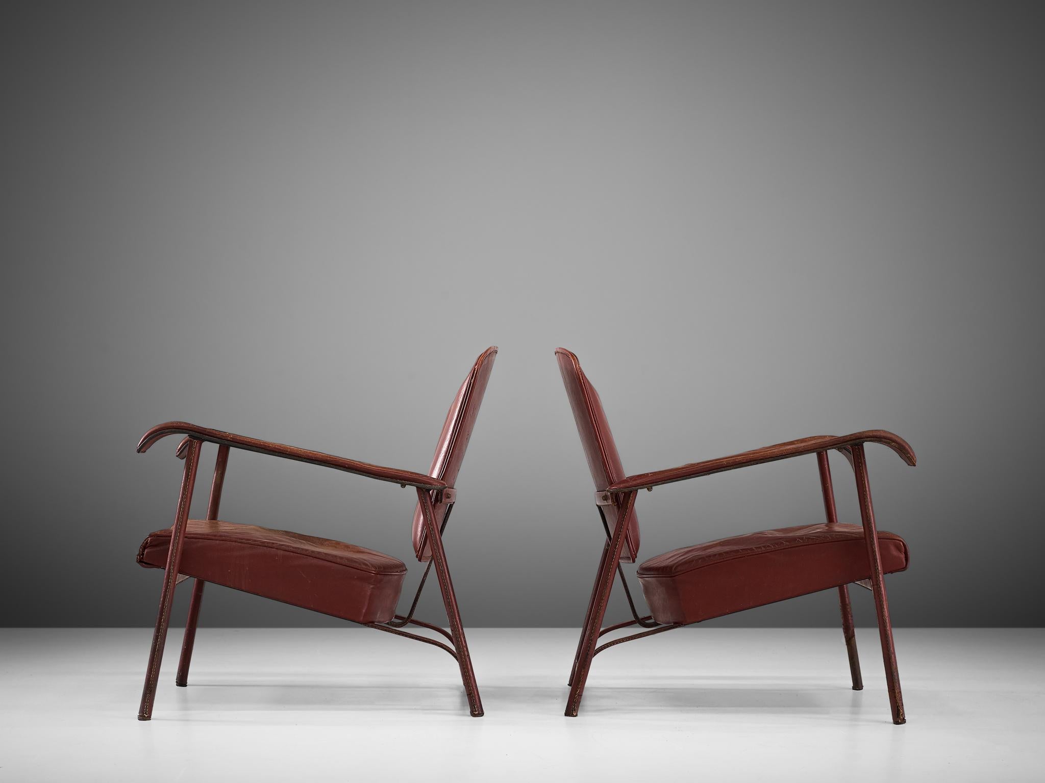Mid-Century Modern Jacques Adnet Pair of Lounge Chairs in Patinated Burgundy Leather