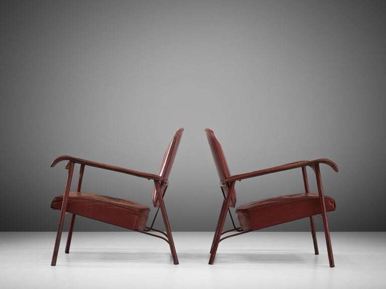 Mid-Century Modern Jacques Adnet Pair of Lounge Chairs in Patinated Burgundy Leather For Sale