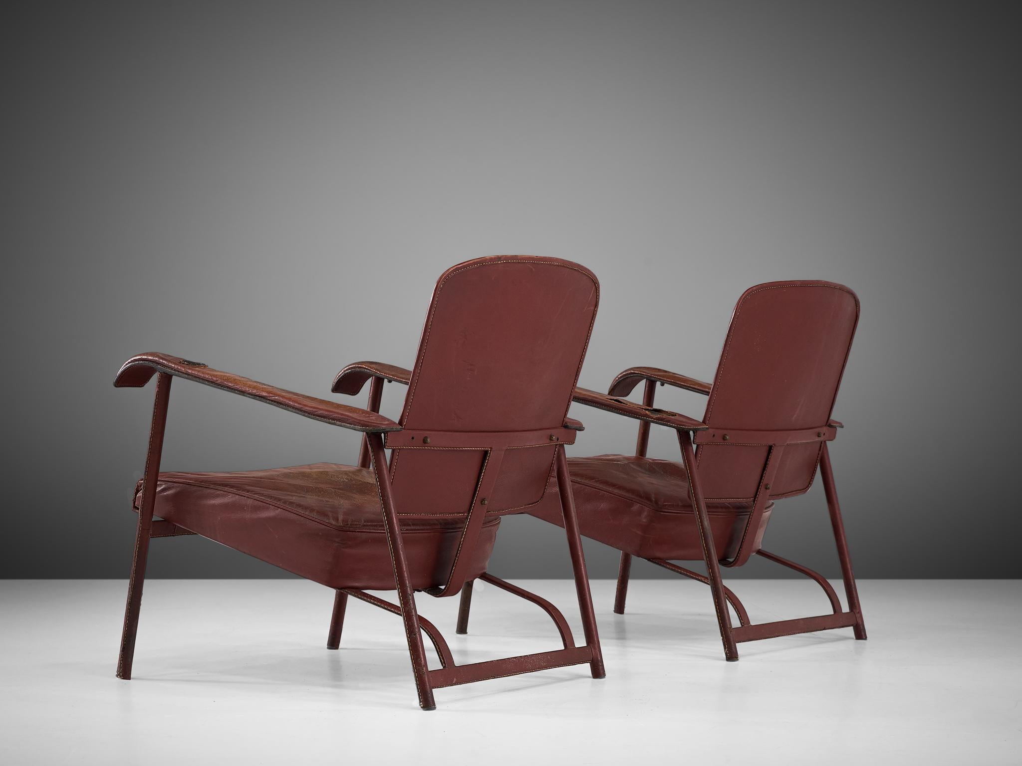 Jacques Adnet Pair of Lounge Chairs in Patinated Burgundy Leather In Good Condition In Waalwijk, NL