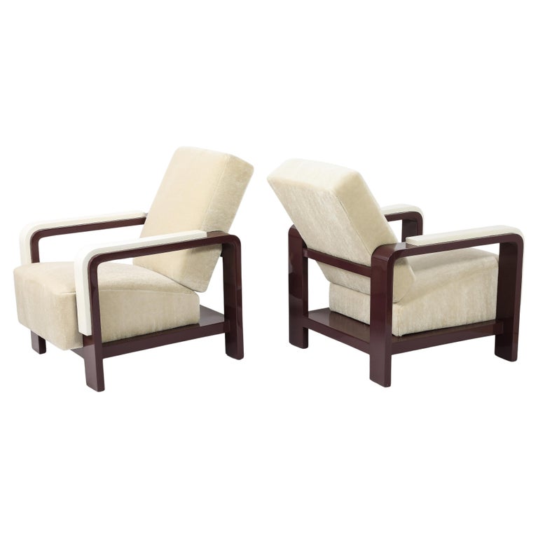 Pair of Black Lacquer Wood Frame Arm Chairs, by Jacques Adnet Pair of Black Lacquer Wood Frame Arm Chairs, by Jacques Adnet
