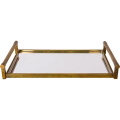 Jacques Adnet Patinated Brass & Mirror Minimalist Tray - France 1930's