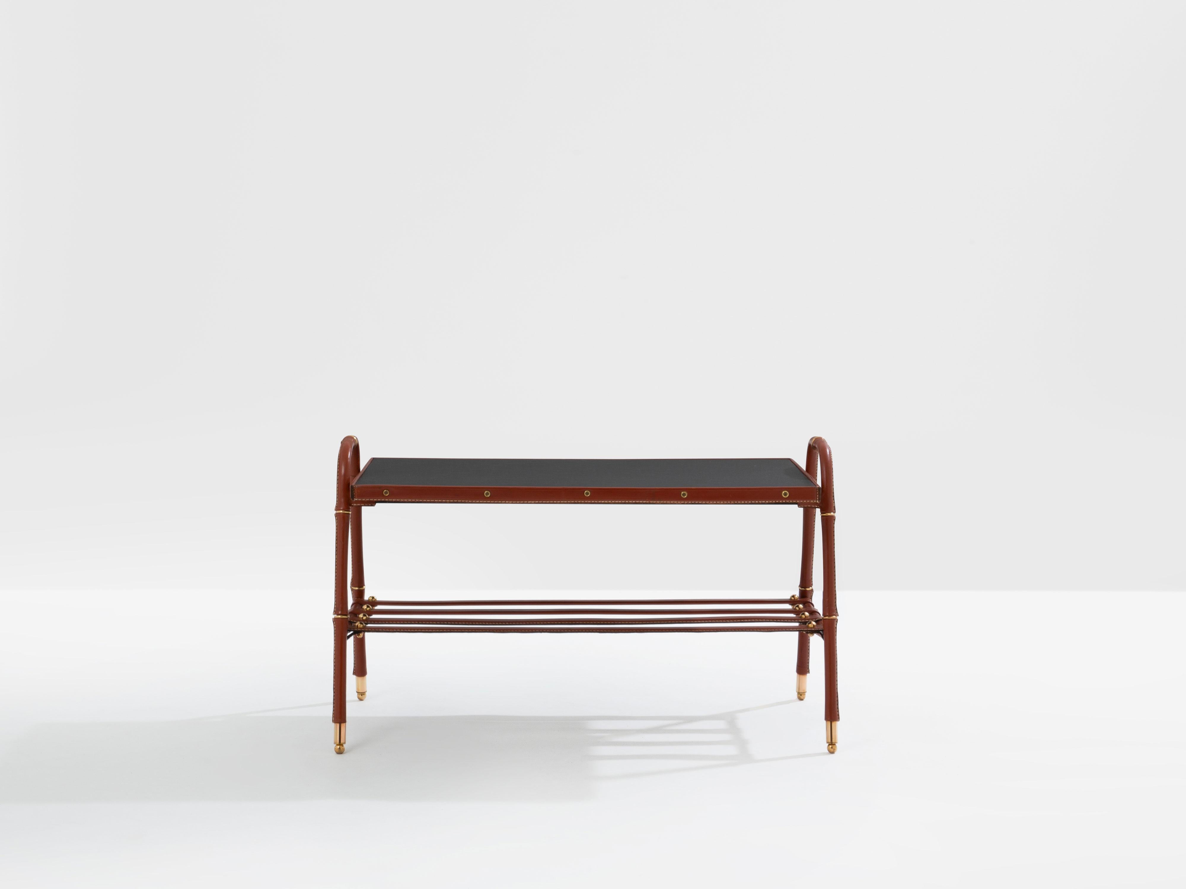 Jacques Adnet pique sellier red leather brass coffee table 1950 For Sale 3