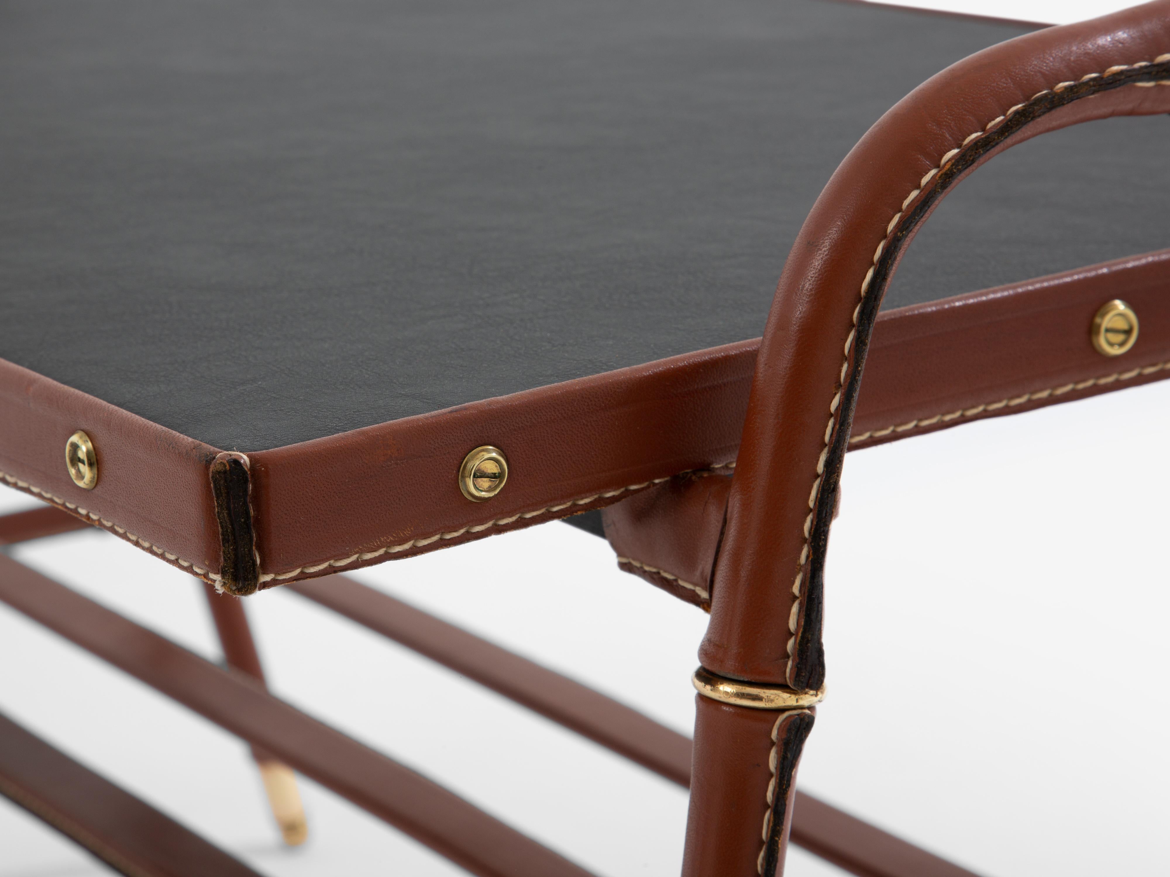 French Jacques Adnet pique sellier red leather brass coffee table 1950 For Sale
