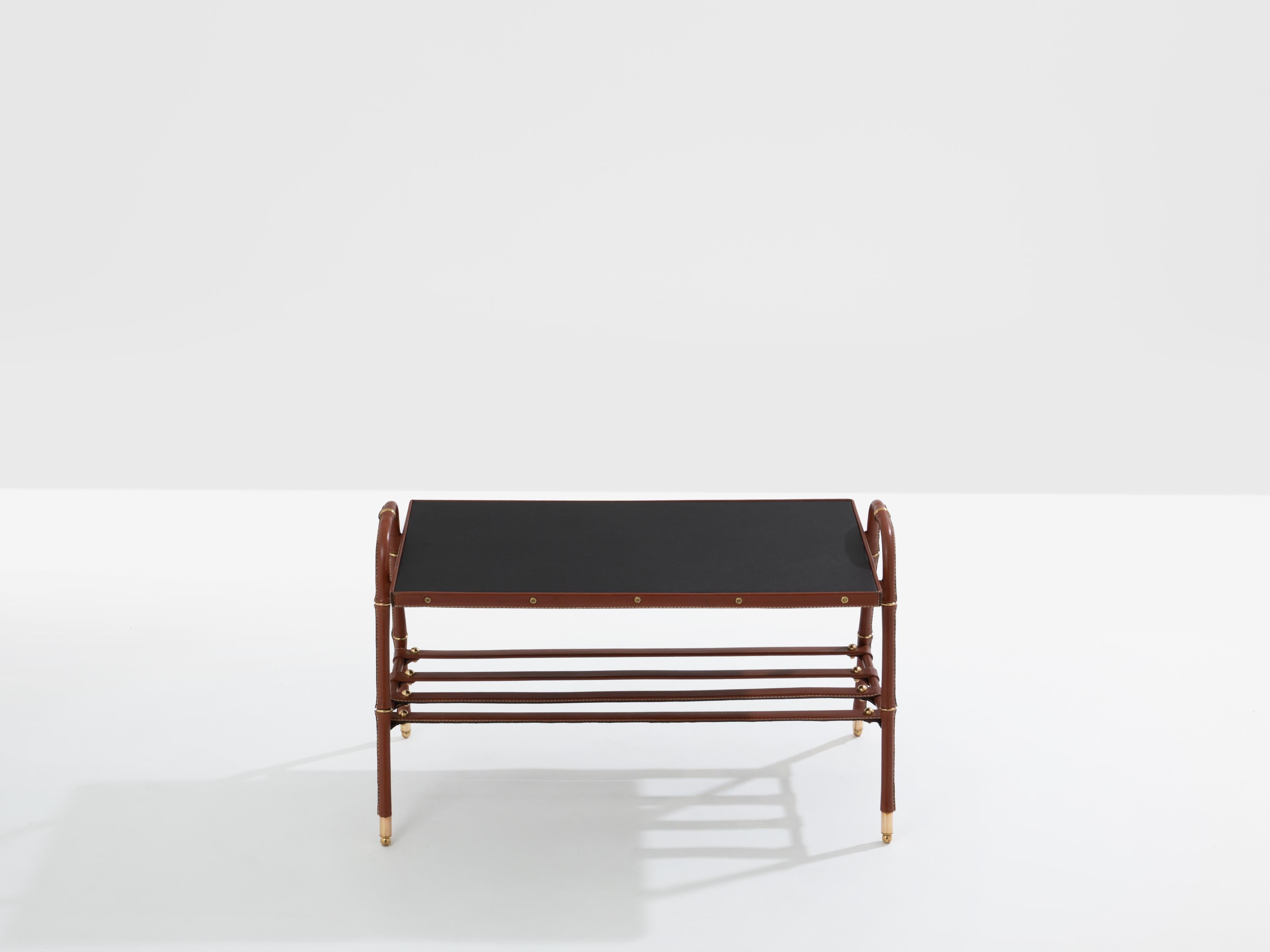 Jacques Adnet pique sellier red leather brass coffee table 1950 For Sale 1
