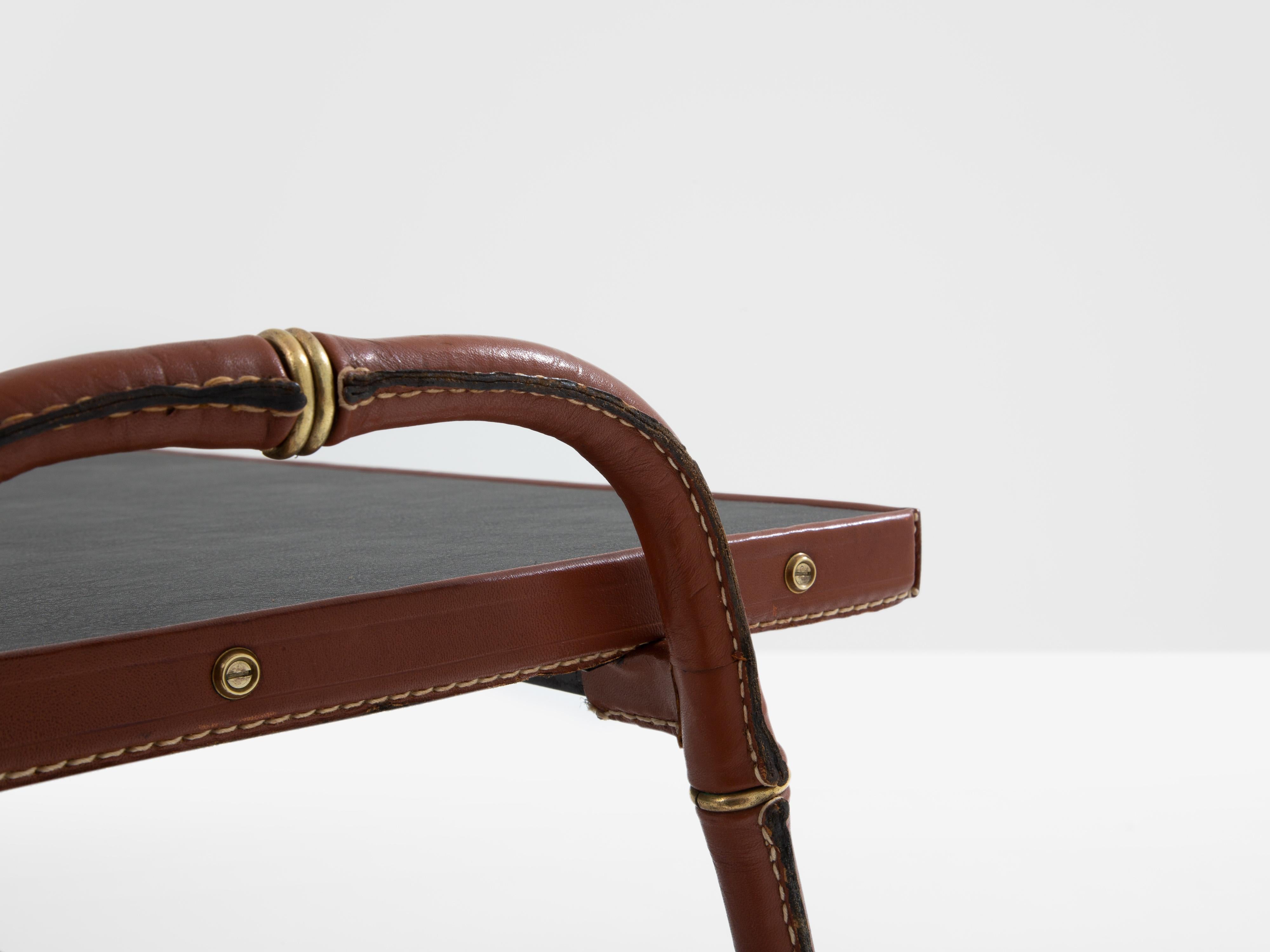 Jacques Adnet pique sellier red leather brass coffee table 1950 For Sale 2