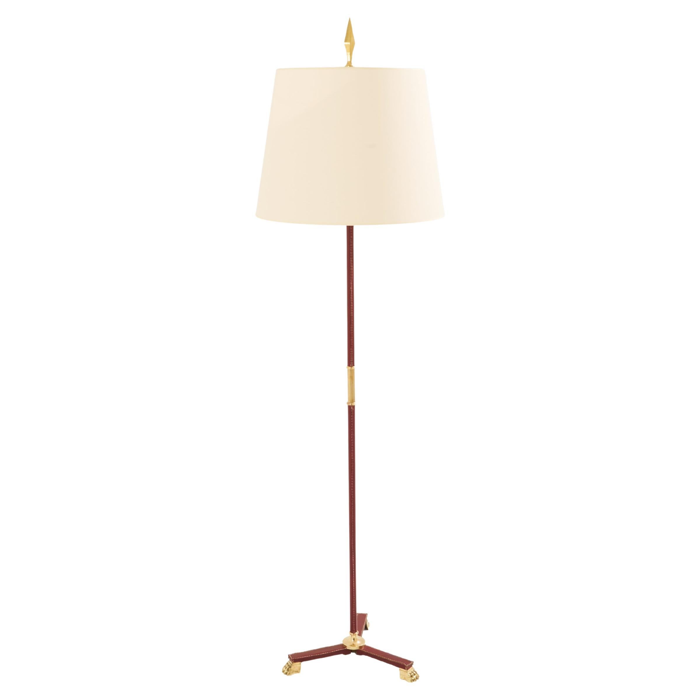 Jacques Adnet pique sellier red leather brass floor lamp 1950 in vendita
