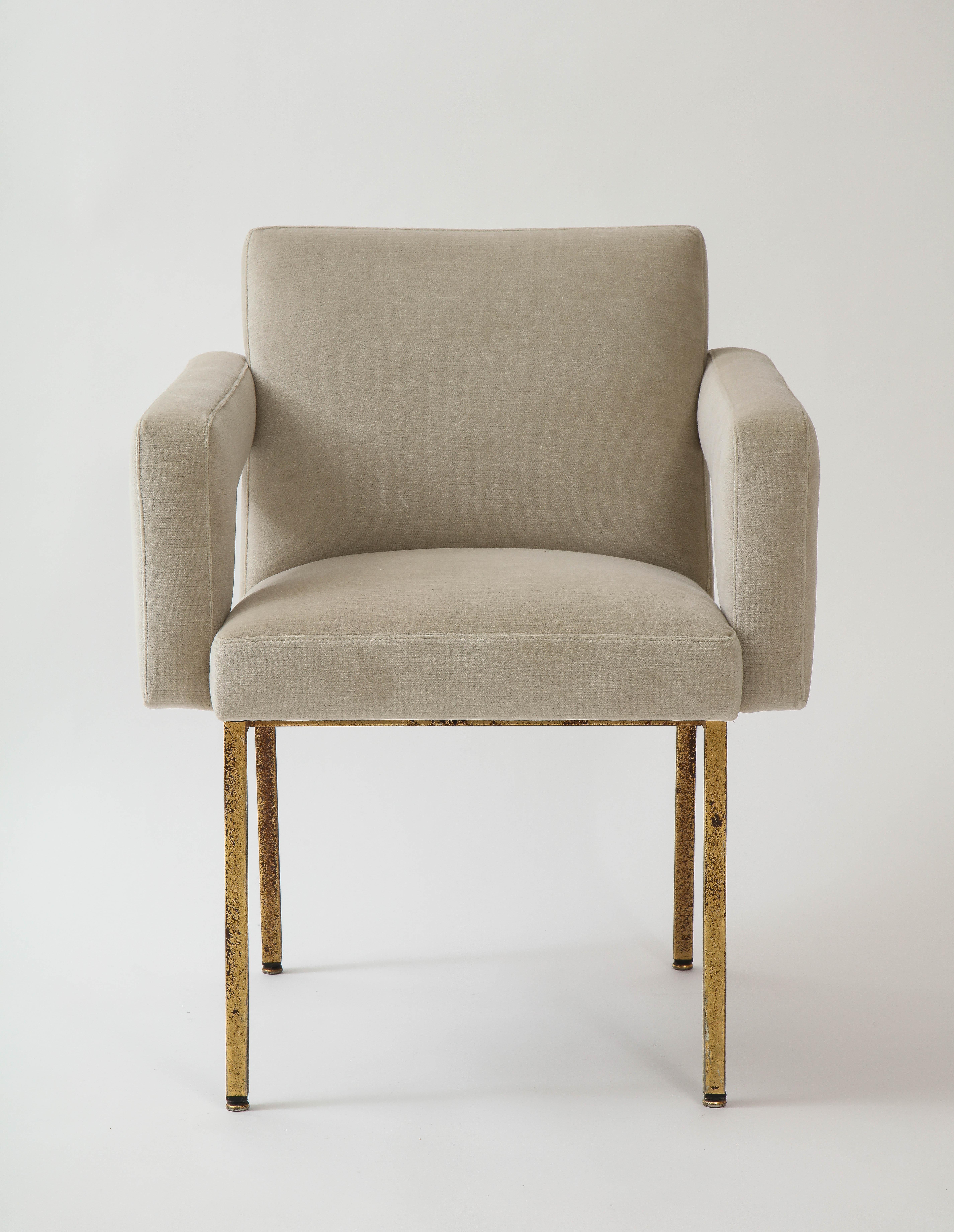French Jacques Adnet President Chair Brass, Re-Upholstered Grey Velvet, France, 1959