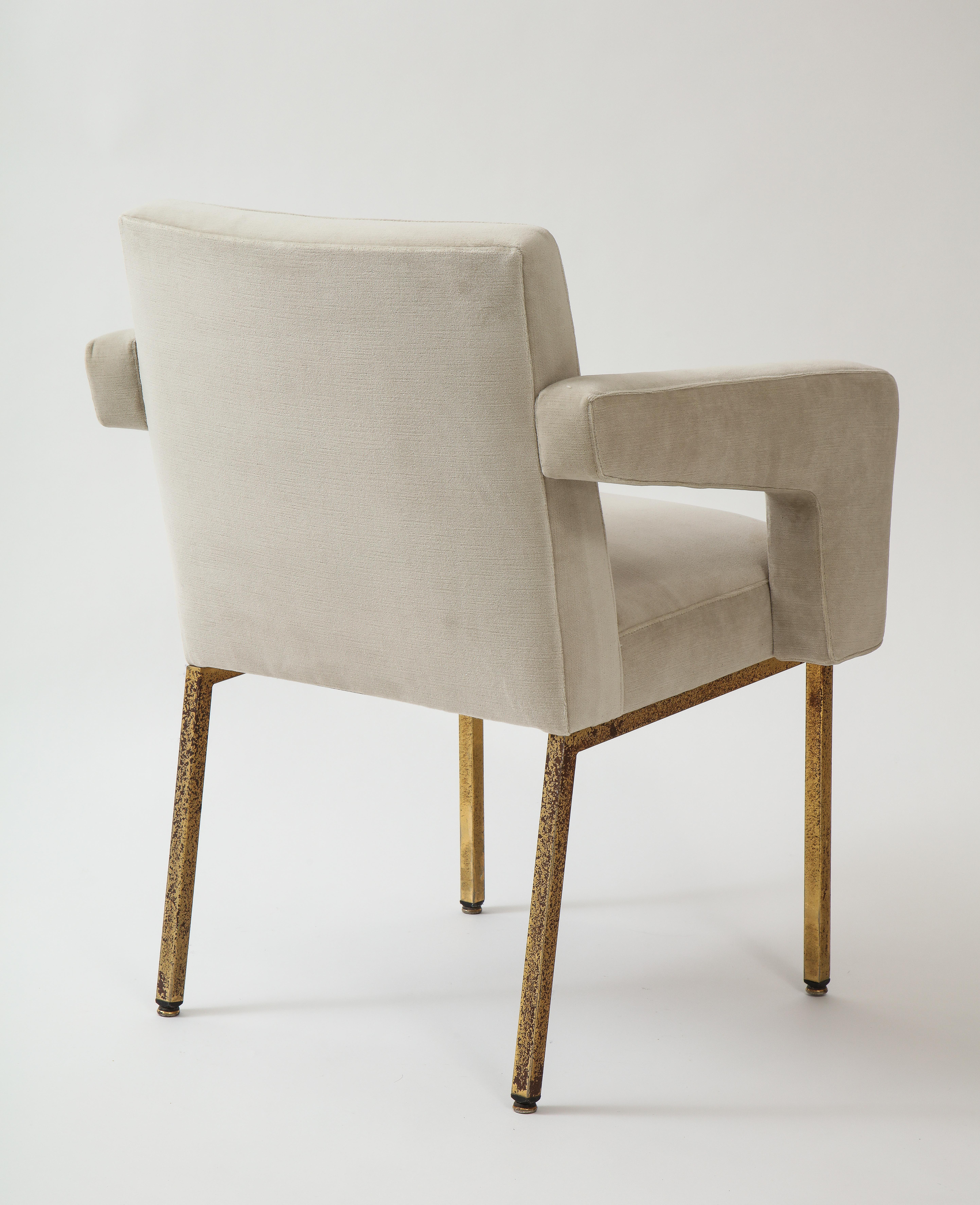 20th Century Jacques Adnet President Chair Brass, Re-Upholstered Grey Velvet, France, 1959