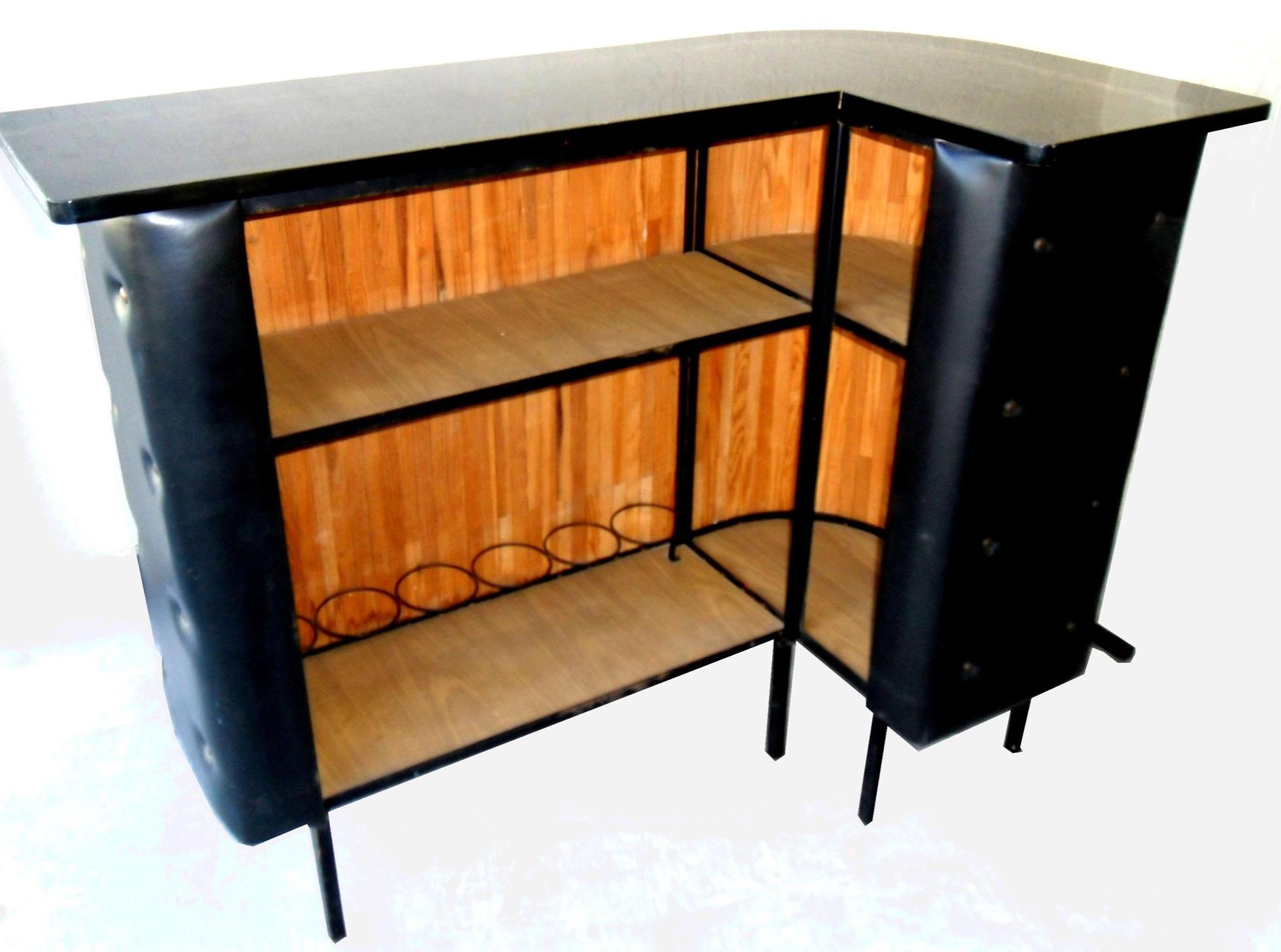 French Jacques Adnet, Rare Apartment Bar Wrapped in Black Leather and Brass Studs