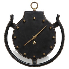 Jacques Adnet Rare Leather and Bronze Horseshoe Wall Clock, France, 1950s
