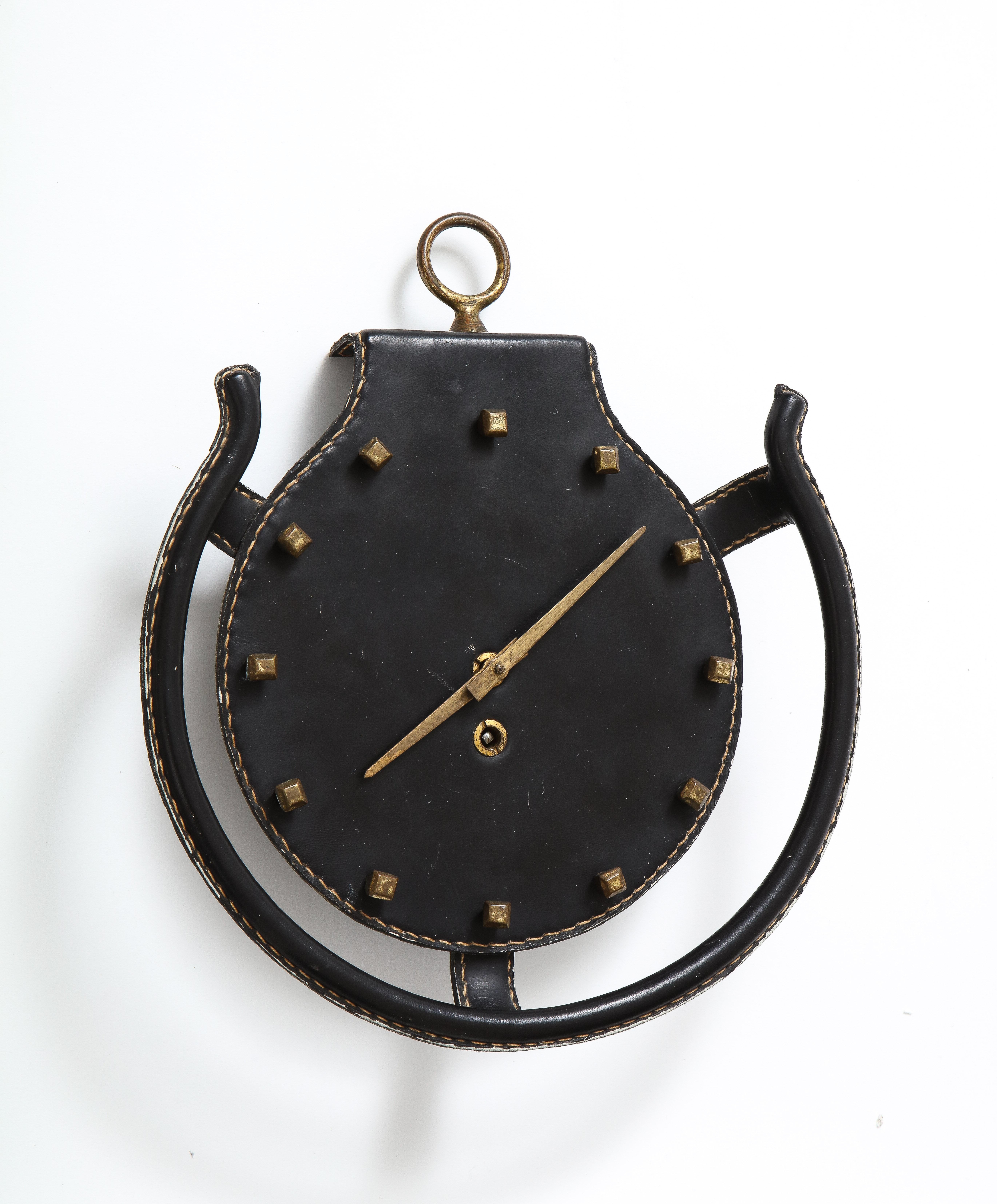 Mid-Century Modern Jacques Adnet Rare Leather and Bronze Horseshoe Wall Clock, France, 1950s For Sale