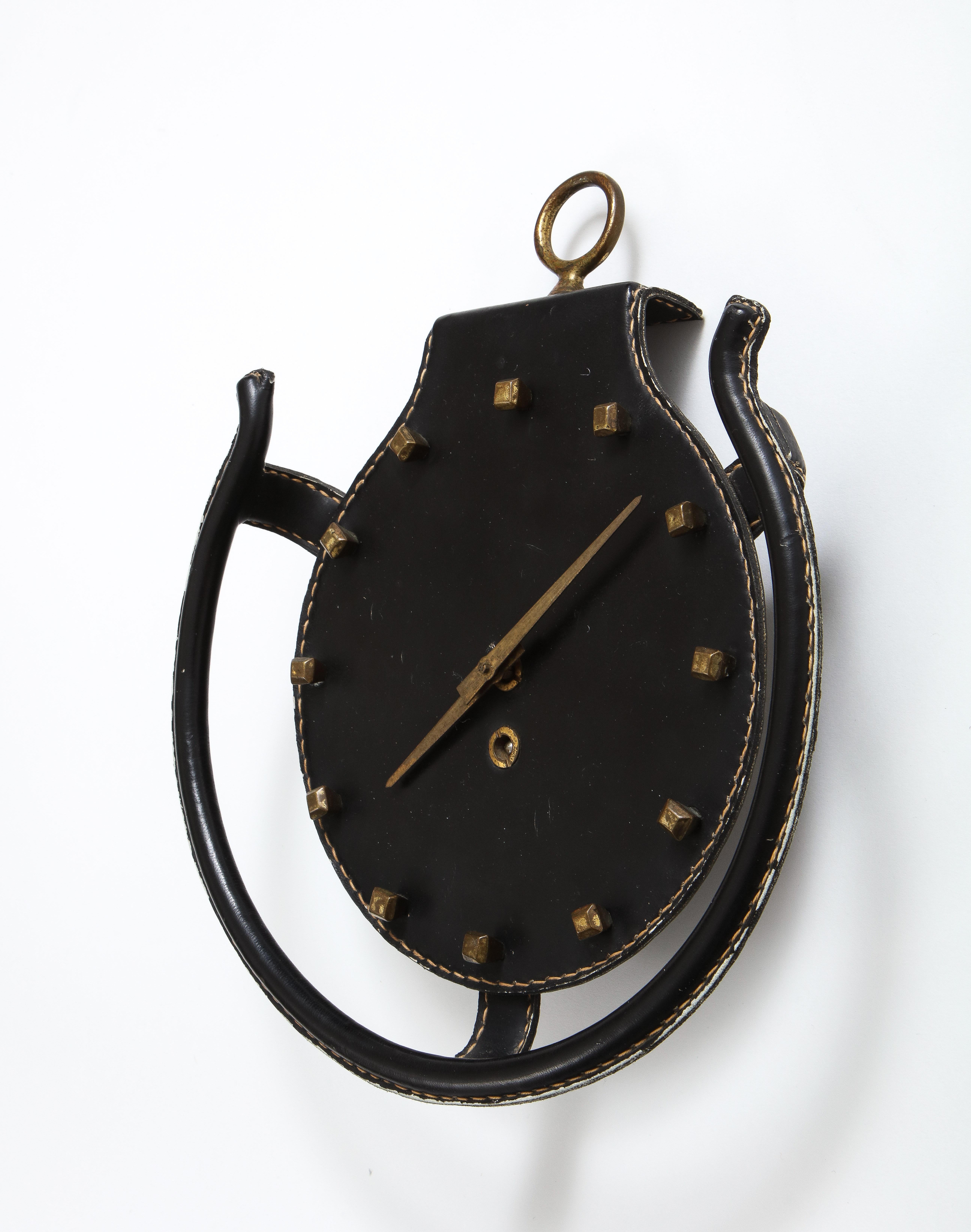 French Jacques Adnet Rare Leather and Bronze Horseshoe Wall Clock, France, 1950s For Sale