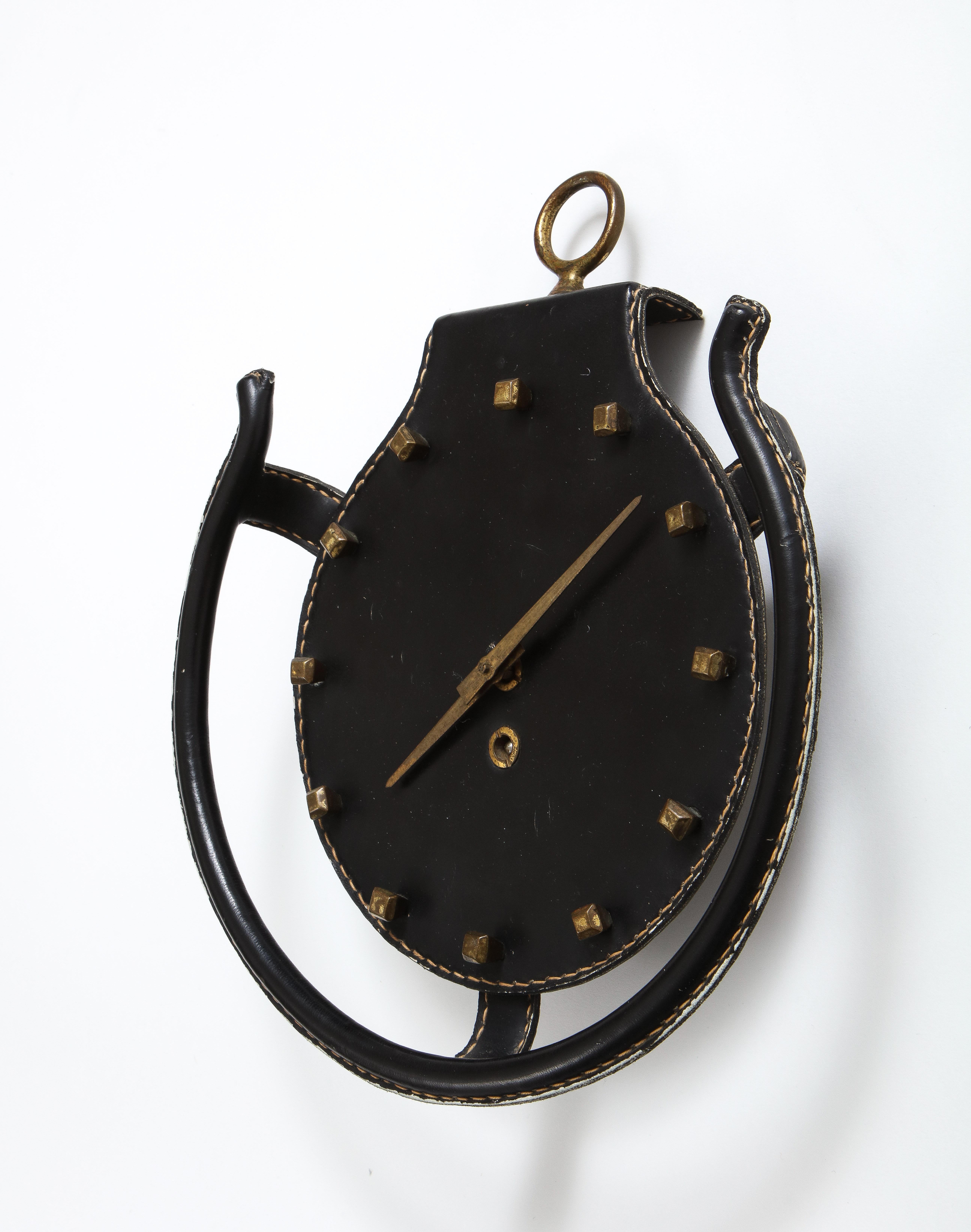 Jacques Adnet Rare Leather and Bronze Horseshoe Wall Clock, France, 1950s In Good Condition For Sale In New York, NY